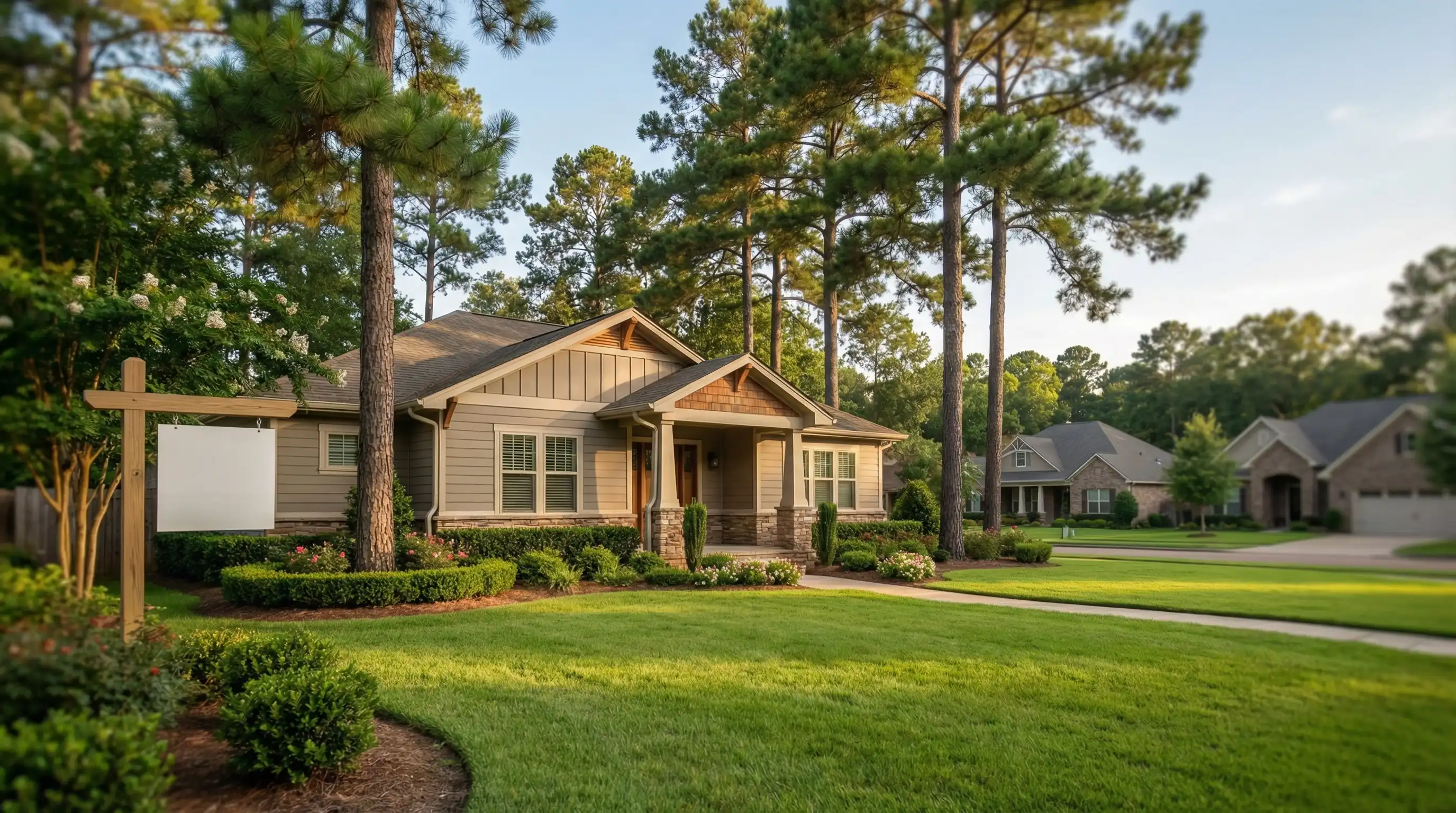 Real estate agent handing keys to home buyers in a Jackson, MS suburban neighborhood with mature Southern pines