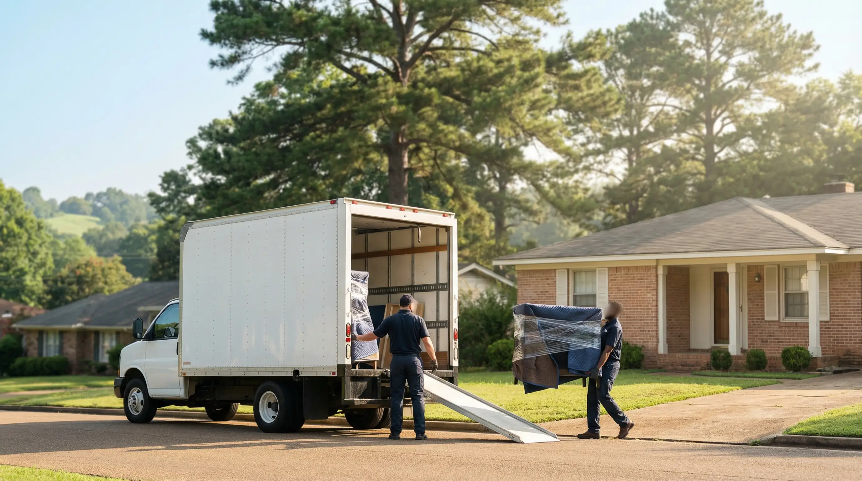 Professional moving crew loading furniture truck in front of a suburban Jackson, MS home on a sunny day