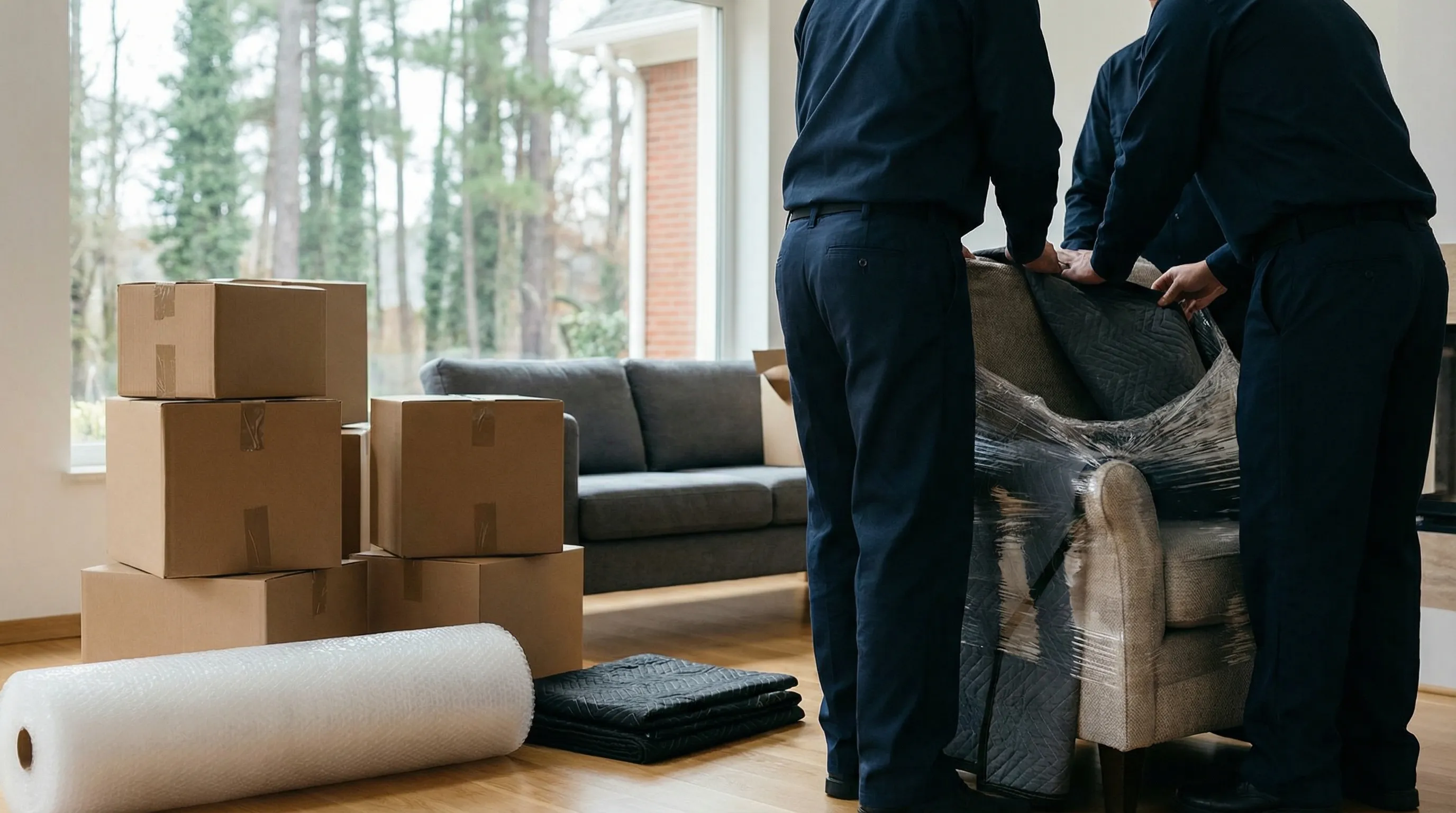 Professional moving crew loading furniture truck in front of a suburban Jackson, MS home on a sunny day