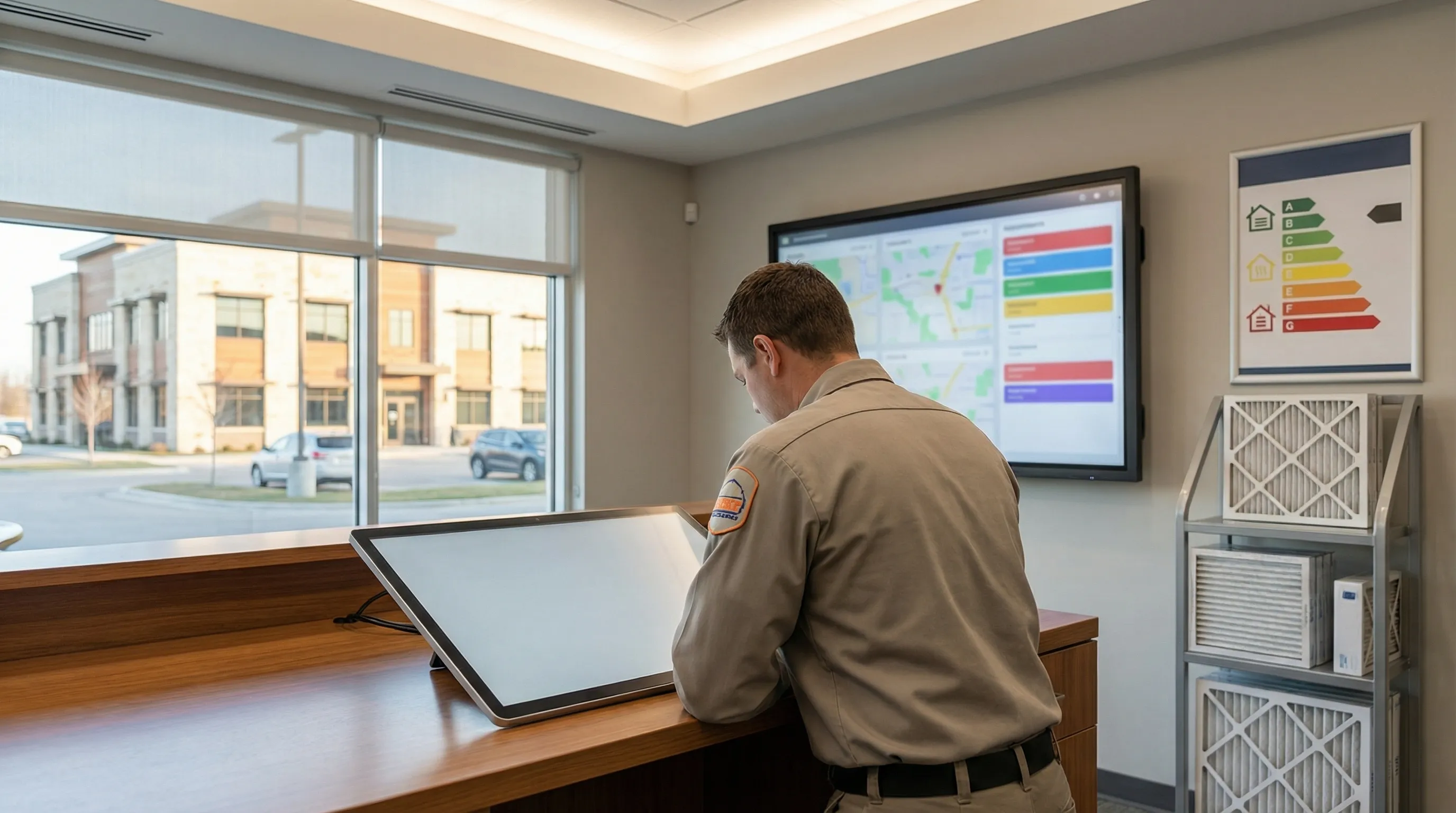Professional HVAC technician servicing a residential heat pump unit outside a new construction home in Murfreesboro, TN