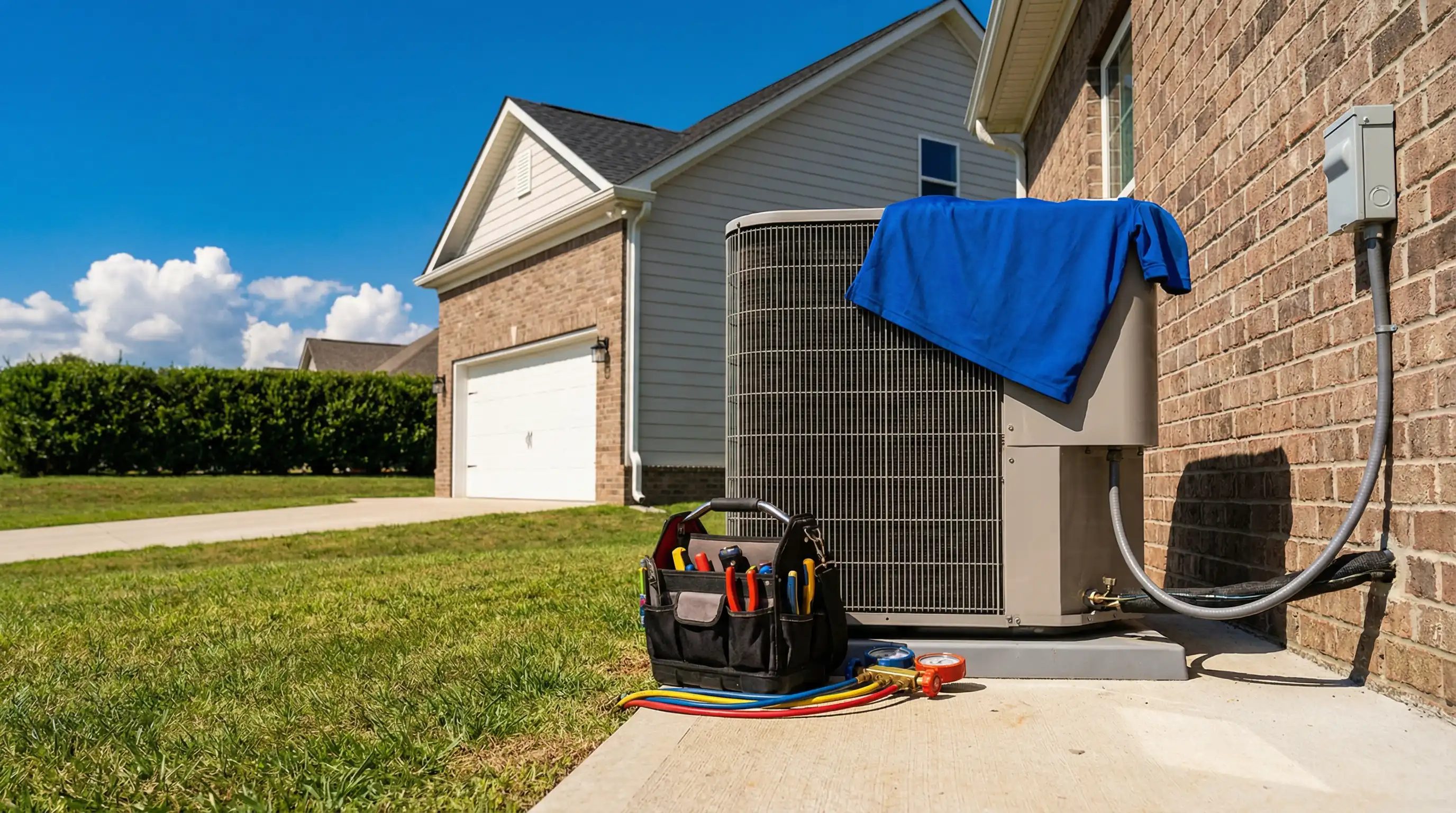Professional HVAC technician servicing a residential heat pump unit outside a new construction home in Murfreesboro, TN