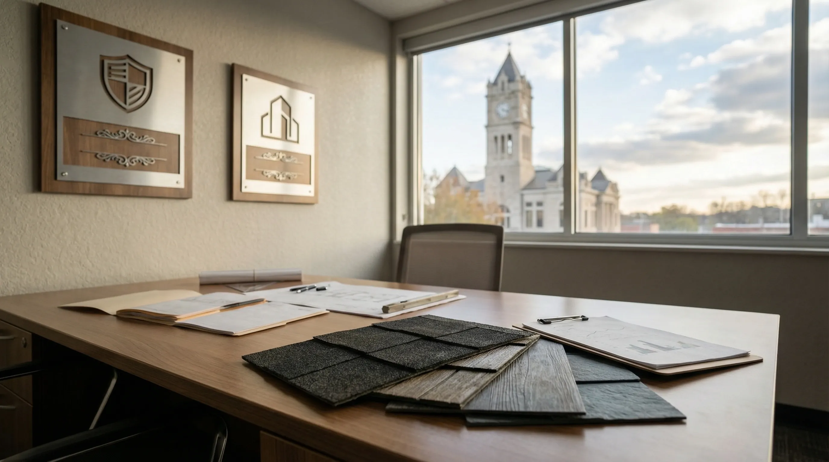 Newly installed architectural shingle roof on a brick suburban home in Murfreesboro's Barfield Crescent neighborhood with storm clouds building in the Tennessee sky