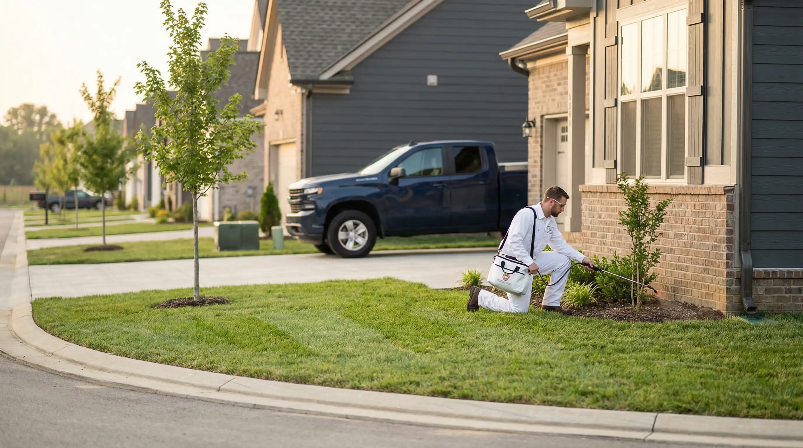 Pest control technician treating the perimeter foundation of a new construction home in Murfreesboro's Blackman neighborhood with a branded company truck in the driveway