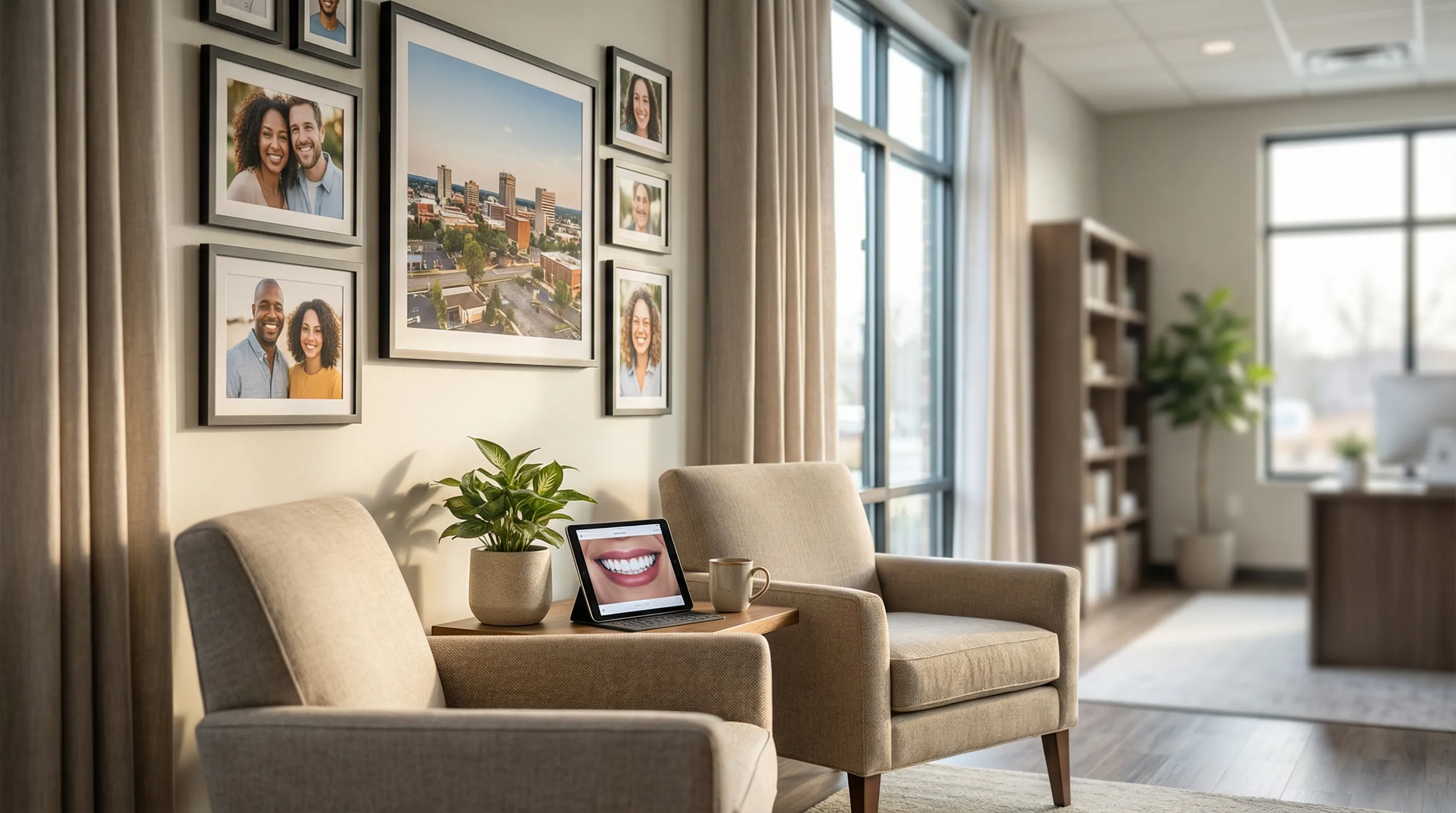 Friendly female dentist in modern Murfreesboro dental practice holding a tablet showing patient smile consultation with green Tennessee landscape visible through window