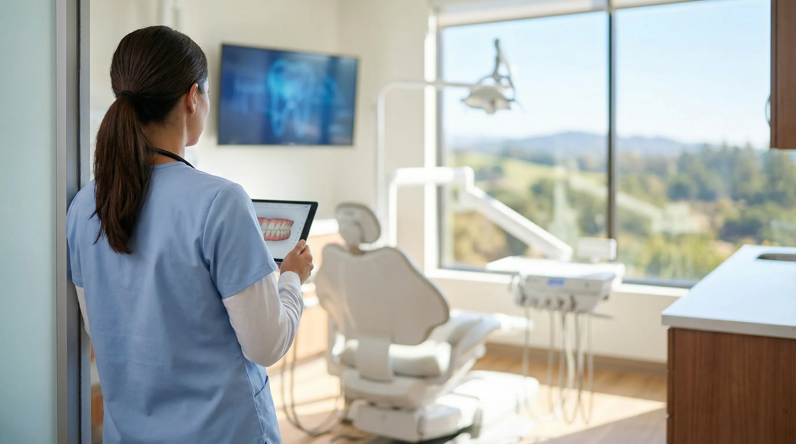 Friendly female dentist in modern Murfreesboro dental practice holding a tablet showing patient smile consultation with green Tennessee landscape visible through window