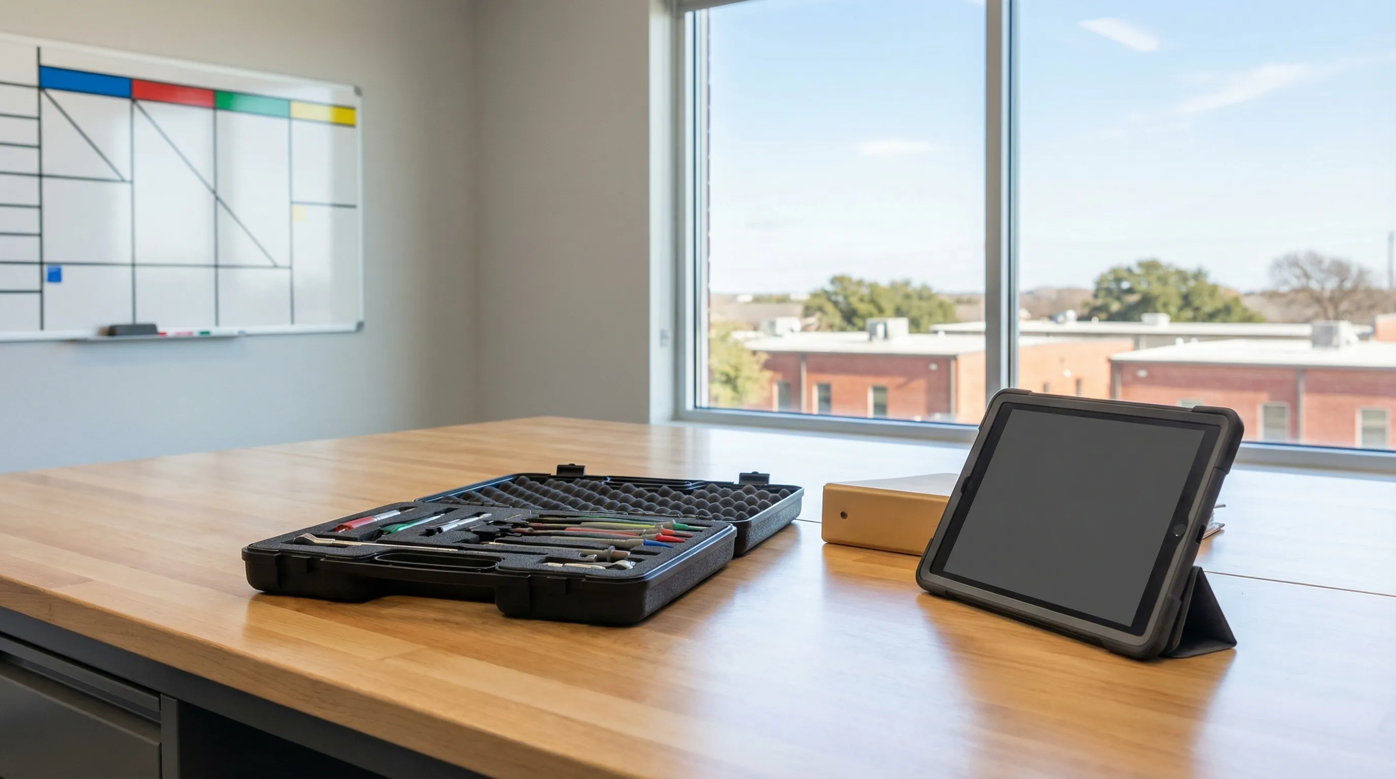 HVAC technician servicing a residential AC unit in a Denton, TX suburban neighborhood under a clear North Texas summer sky