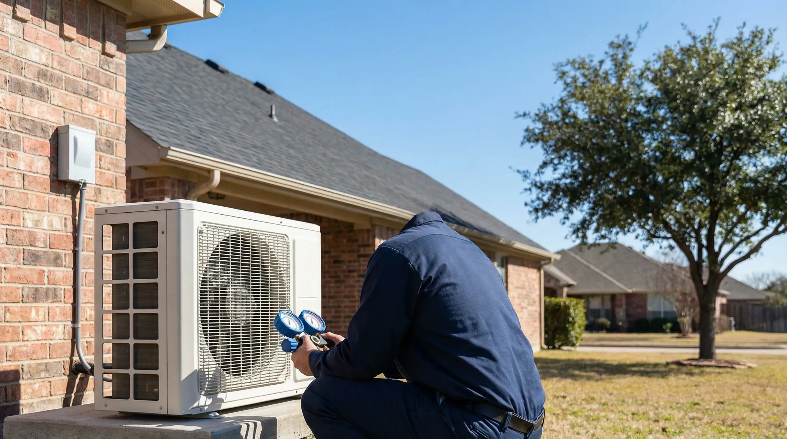 HVAC technician servicing a residential AC unit in a Denton, TX suburban neighborhood under a clear North Texas summer sky