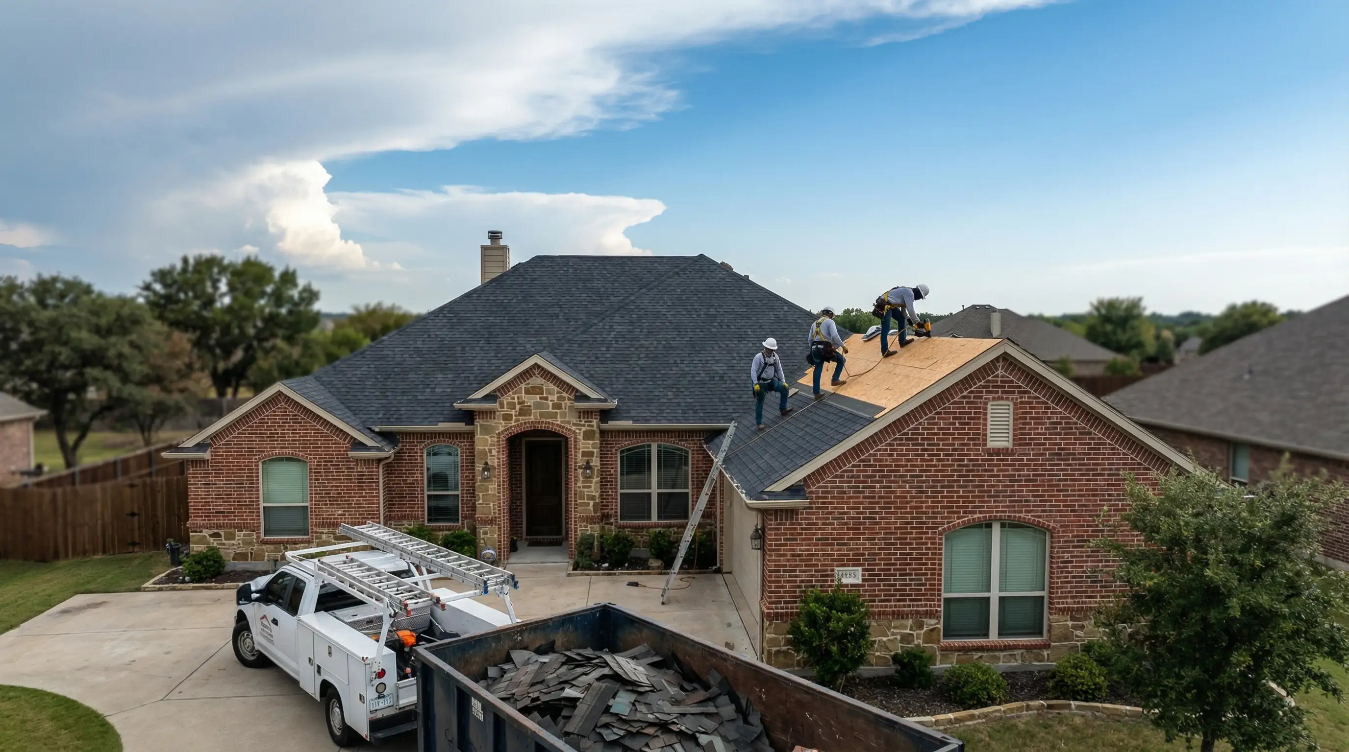 Roofing crew replacing a storm-damaged roof on a residential home in Denton, TX under a wide North Texas sky