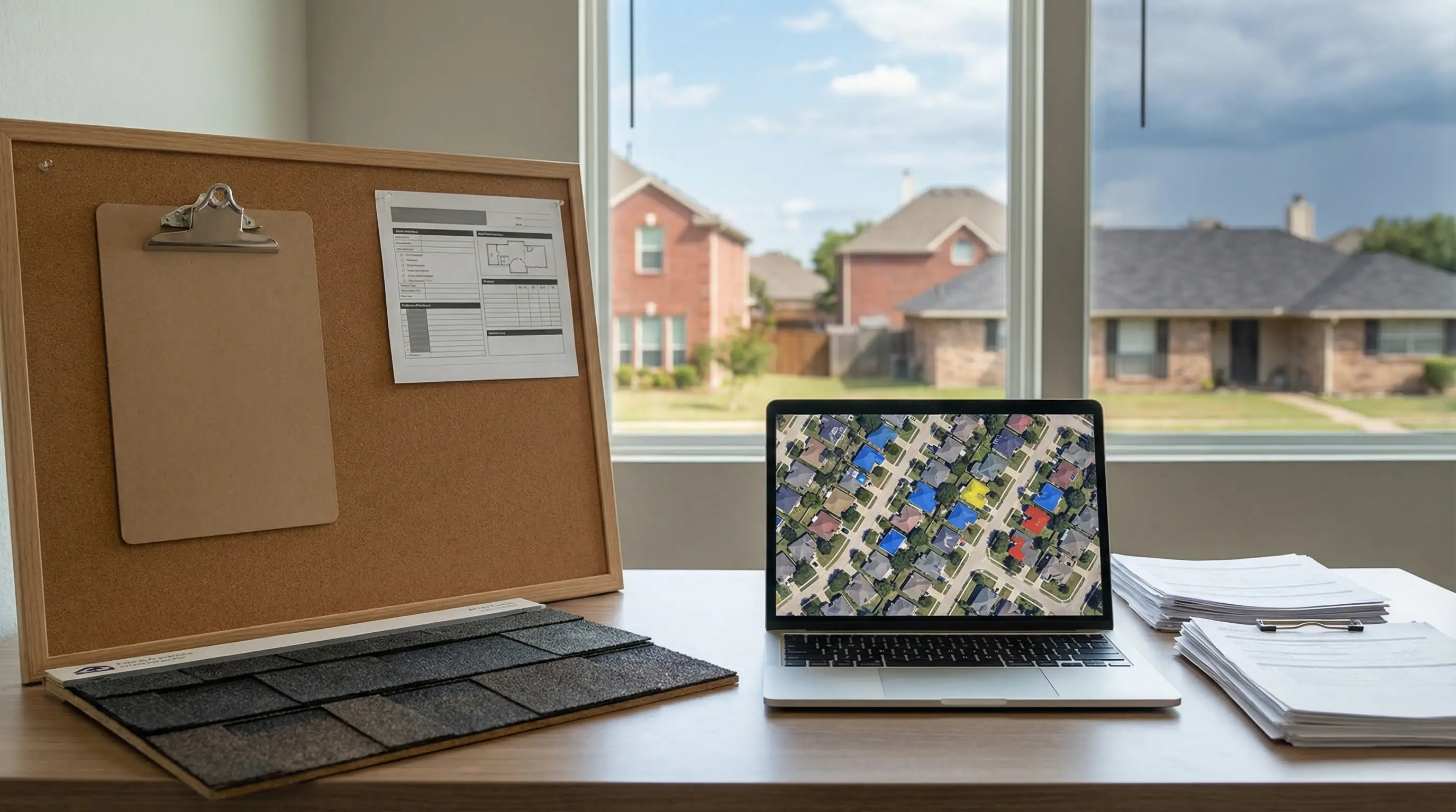 Roofing crew replacing a storm-damaged roof on a residential home in Denton, TX under a wide North Texas sky
