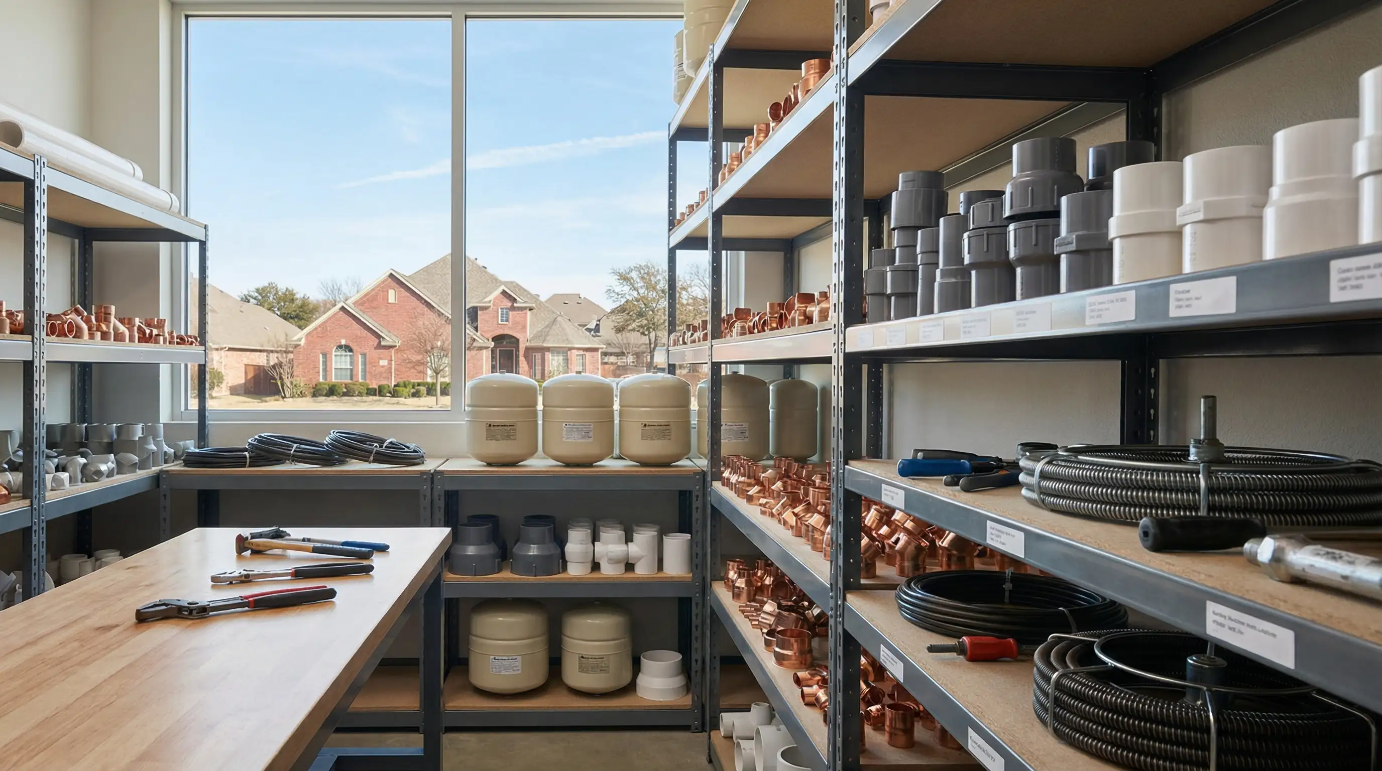 Licensed plumber working under a kitchen sink in a modern Denton, TX home — professional plumbing repair in a new-construction suburban setting