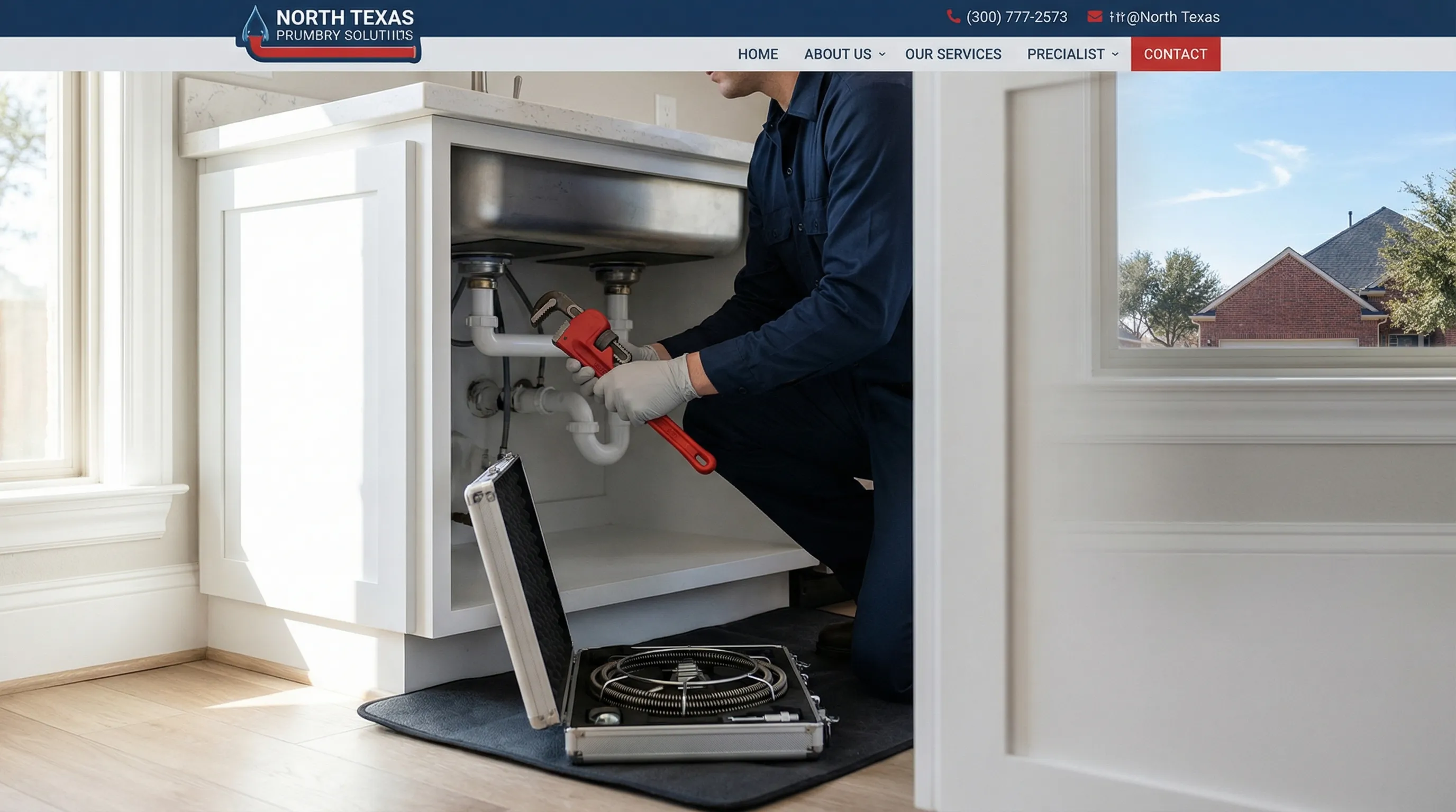 Licensed plumber working under a kitchen sink in a modern Denton, TX home — professional plumbing repair in a new-construction suburban setting
