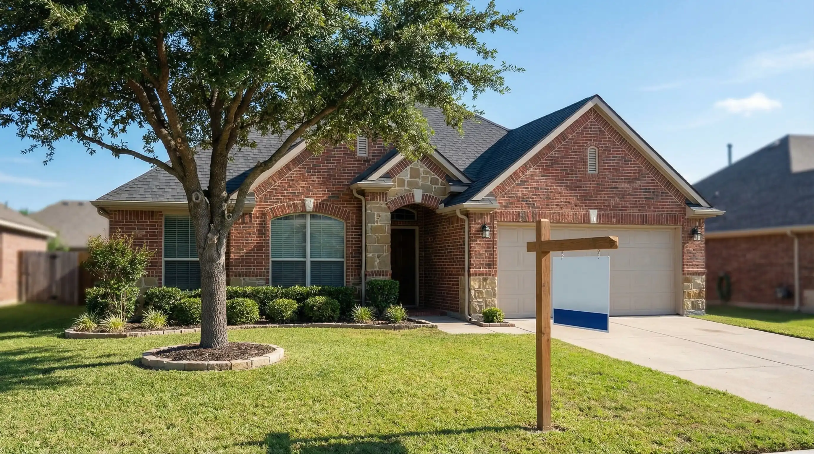 Real estate agent showing a brick ranch home to buyers in a Denton, TX suburban neighborhood — North Texas residential real estate market