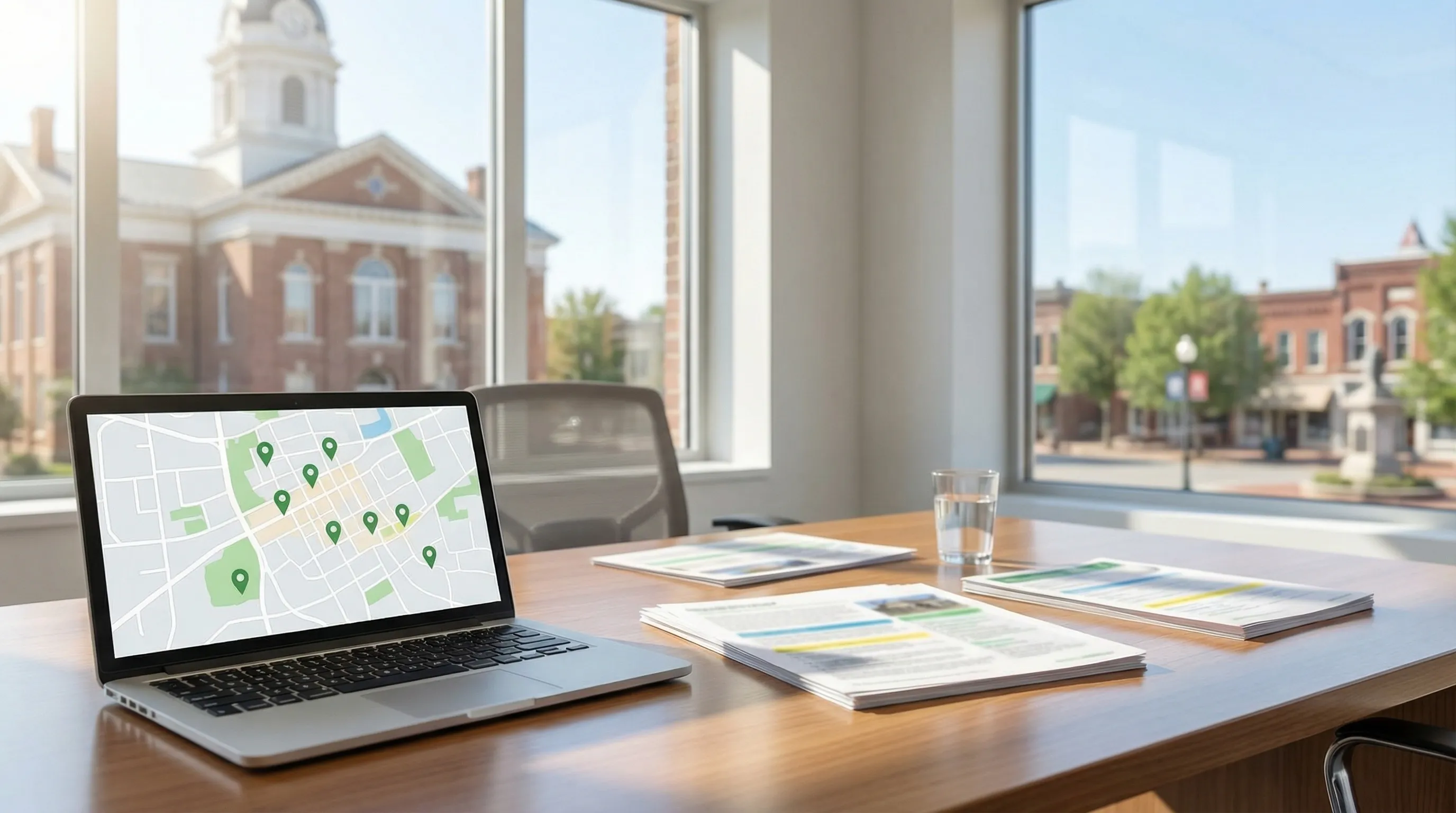 Real estate agent showing a brick ranch home to buyers in a Denton, TX suburban neighborhood — North Texas residential real estate market