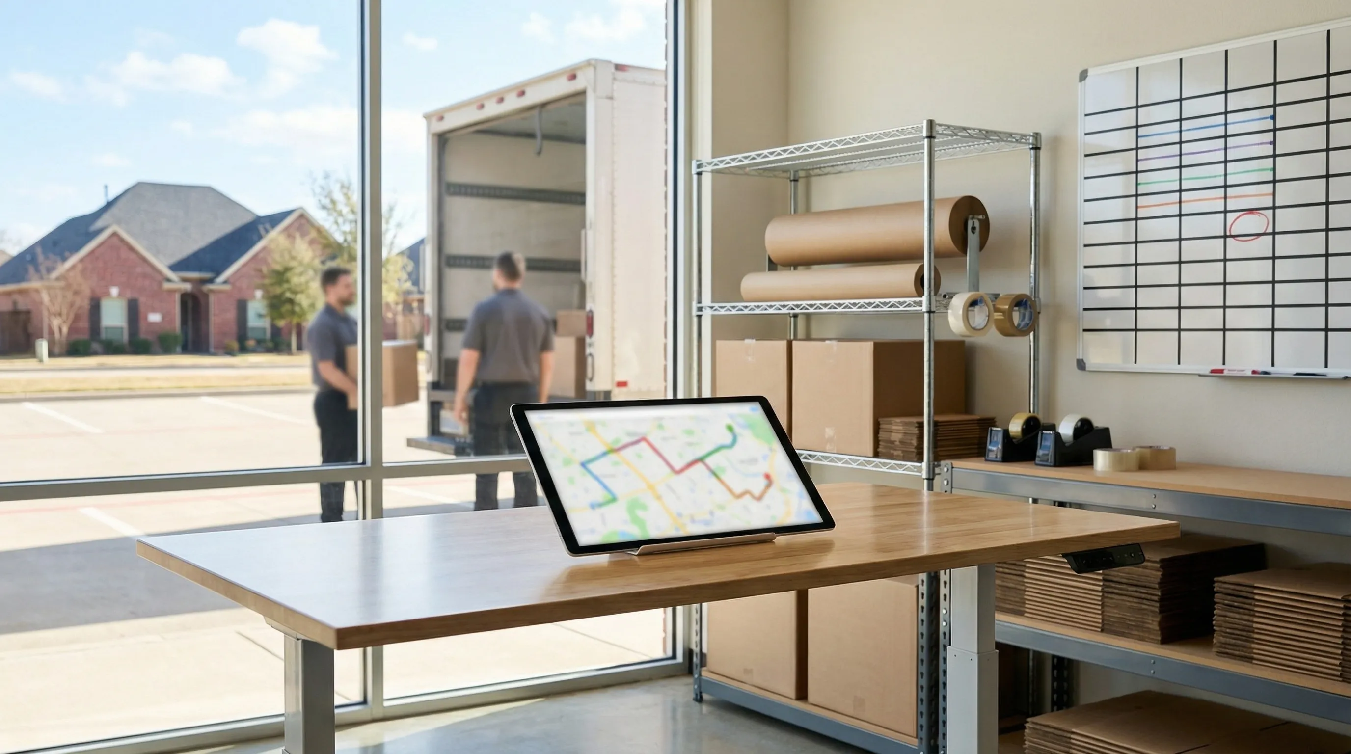 Professional moving crew loading furniture into truck outside a Denton, TX residential home
