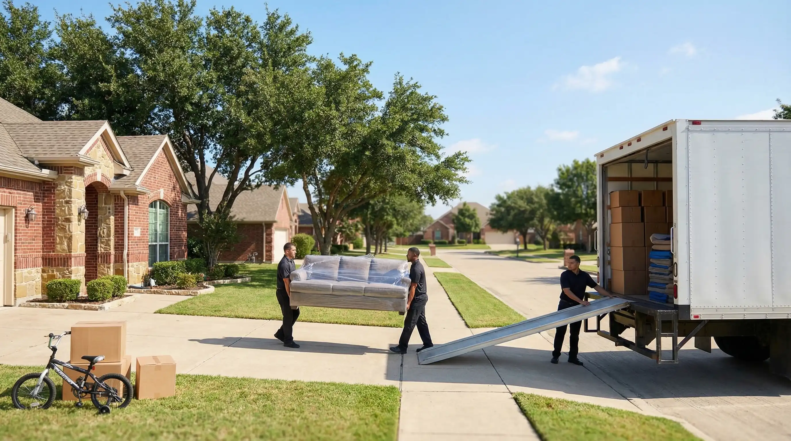Professional moving crew loading furniture into truck outside a Denton, TX residential home