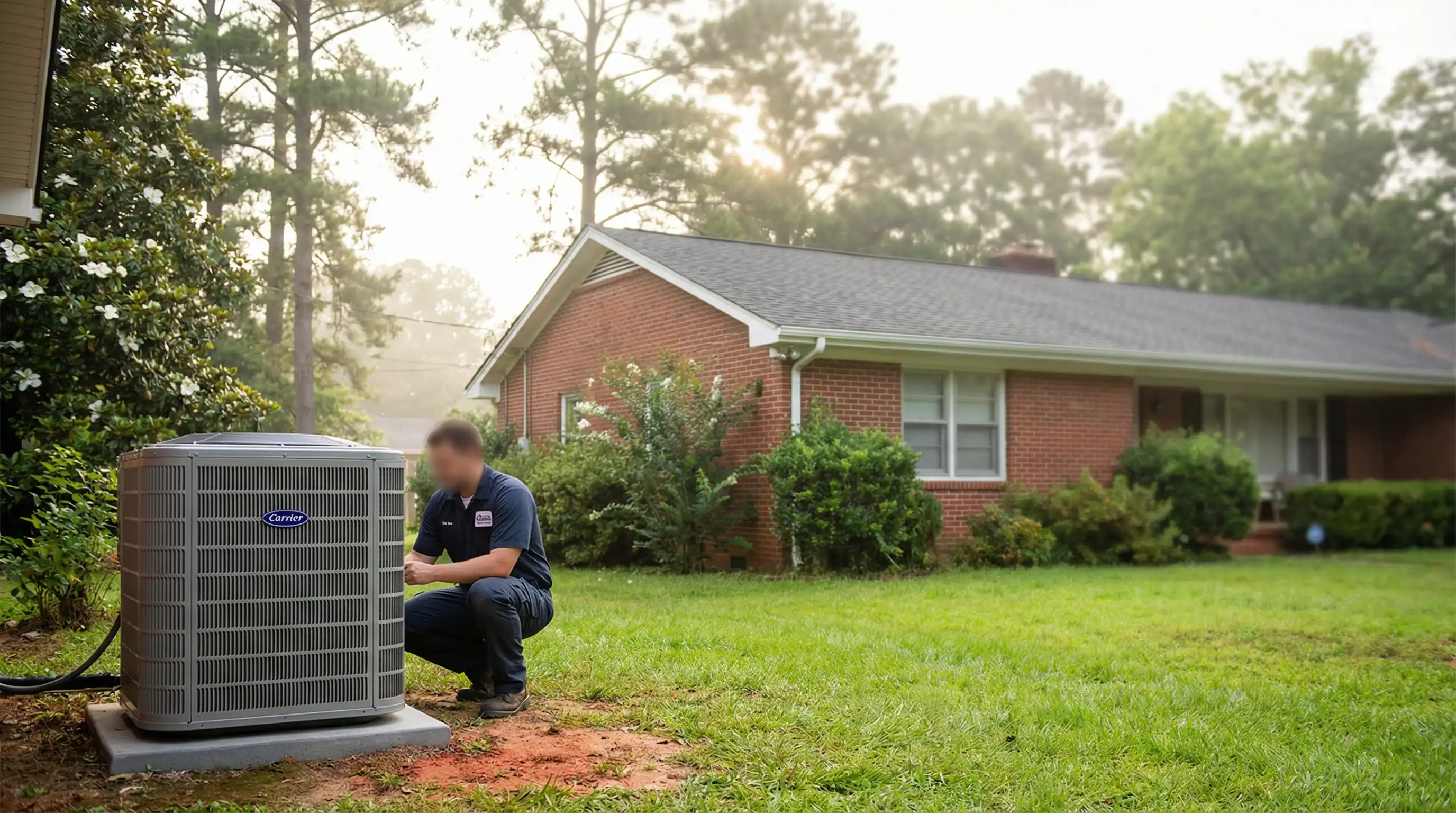 Professional HVAC technician servicing a Carrier condenser unit at a brick ranch home in Macon, GA