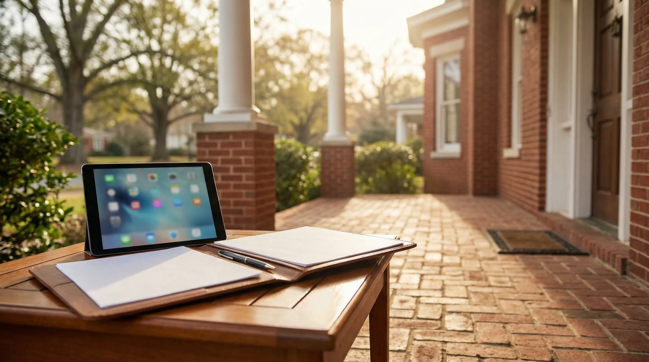 Roofing contractor reviewing storm damage inspection with Macon, GA homeowner on a brick home exterior