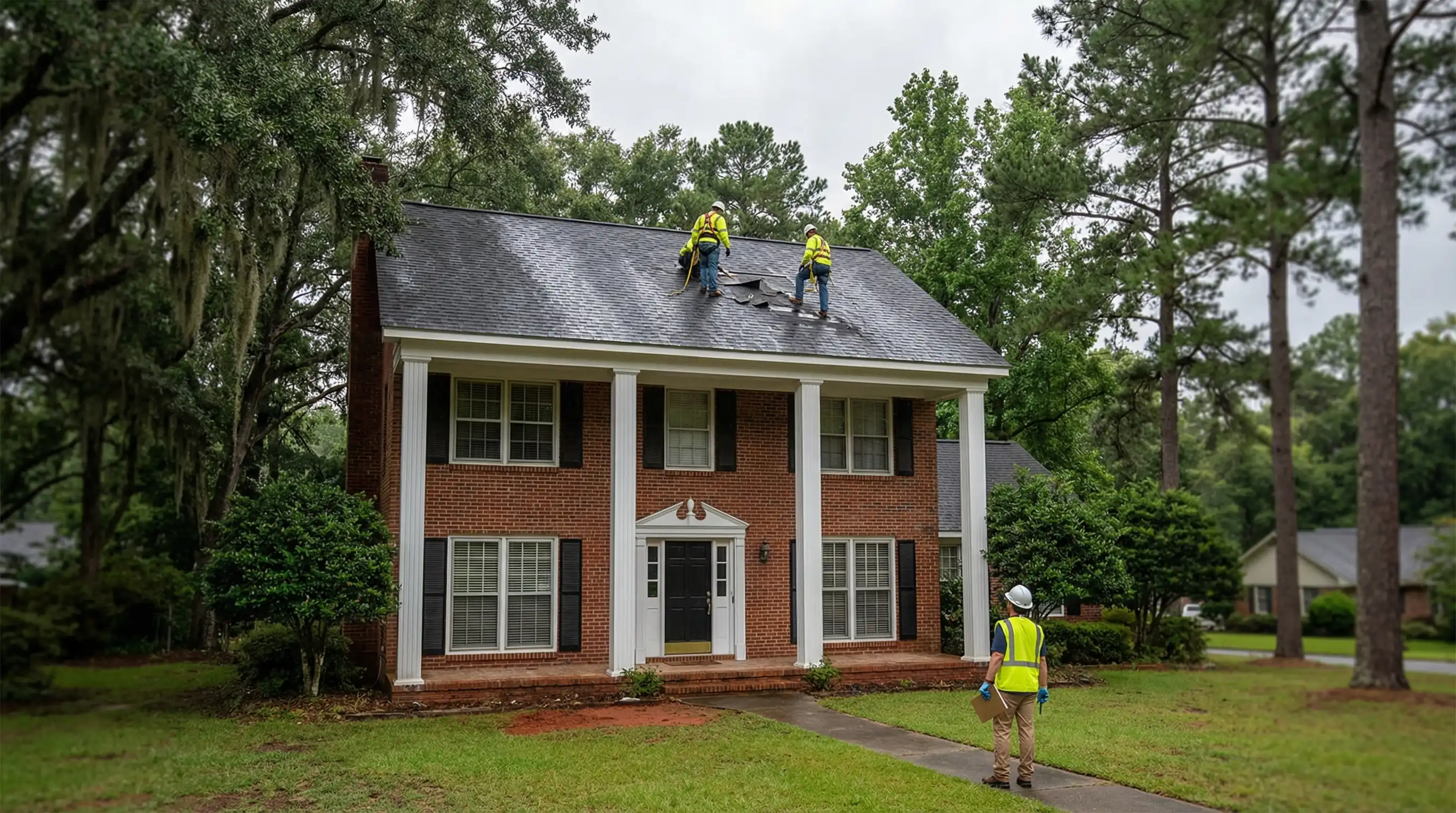 Roofing contractor reviewing storm damage inspection with Macon, GA homeowner on a brick home exterior