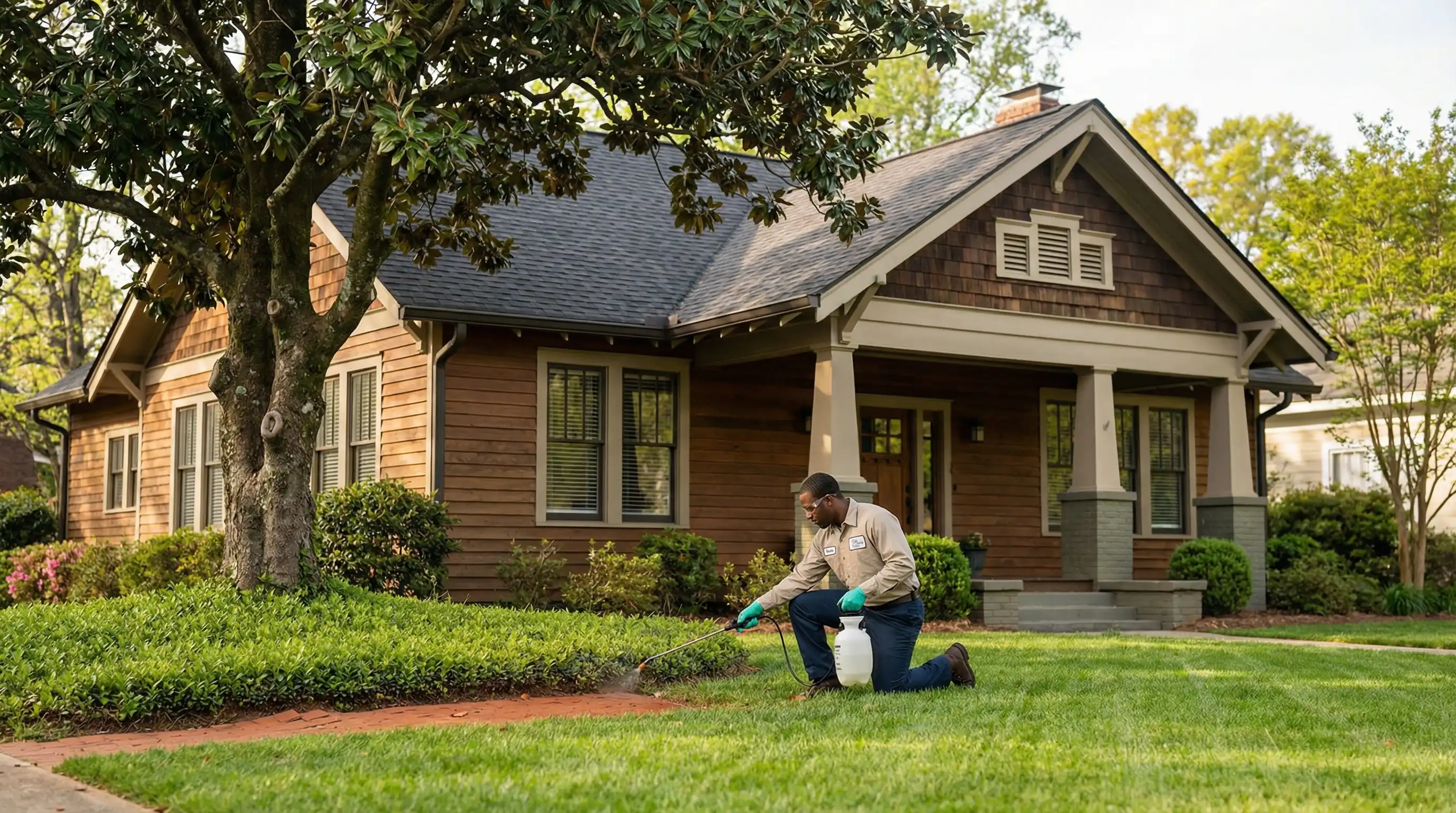 Professional pest control technician applying eco-safe treatment at the foundation of a craftsman bungalow in Macon, GA