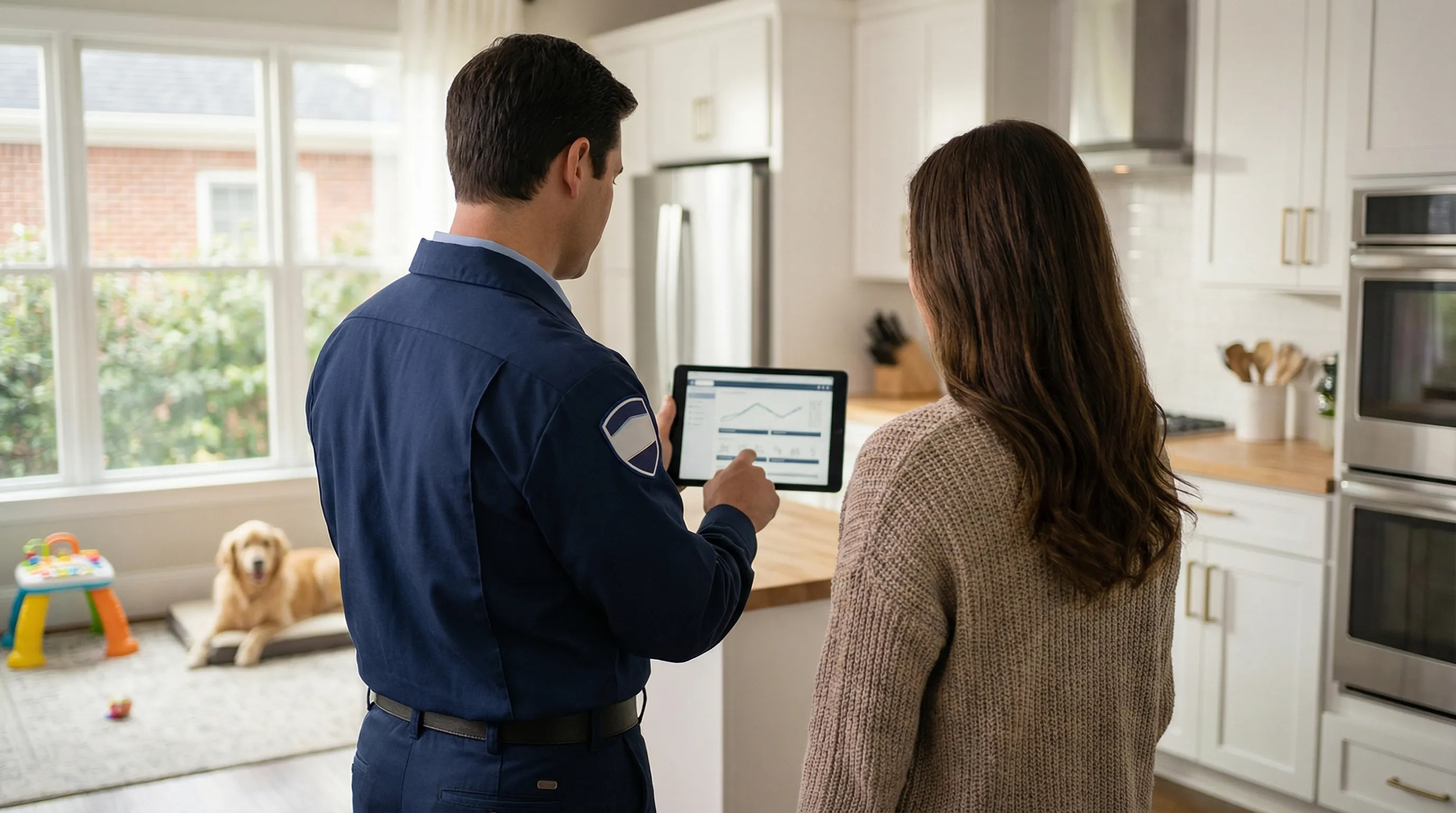 Professional pest control technician applying eco-safe treatment at the foundation of a craftsman bungalow in Macon, GA