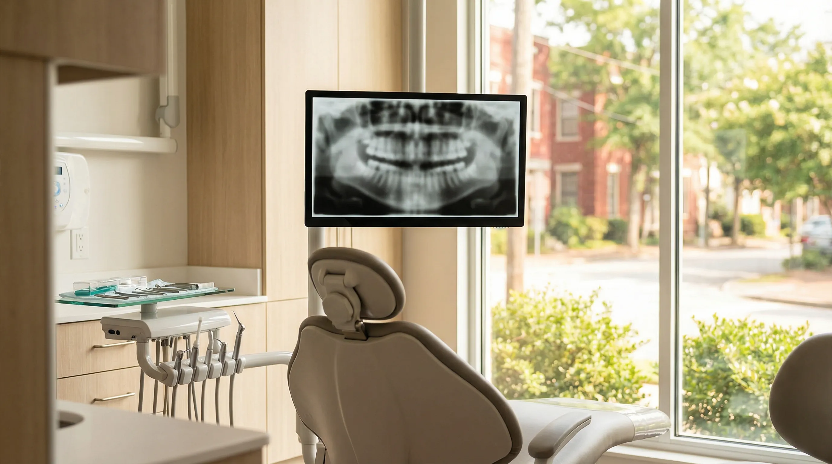 Friendly Macon dentist reviewing digital X-rays with a patient in a modern dental exam room in Macon, GA