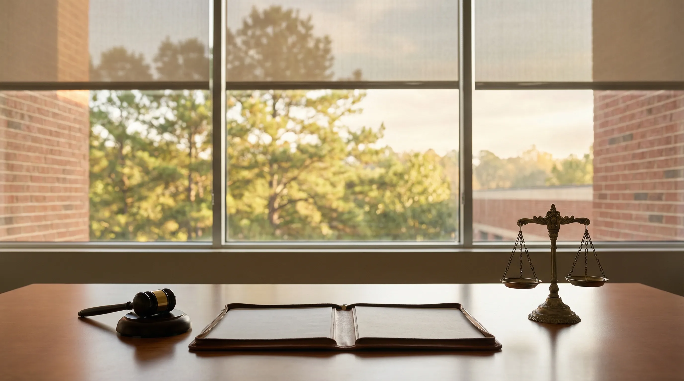 Professional personal injury attorney meeting with clients in a Macon, GA law office overlooking the I-75 corridor