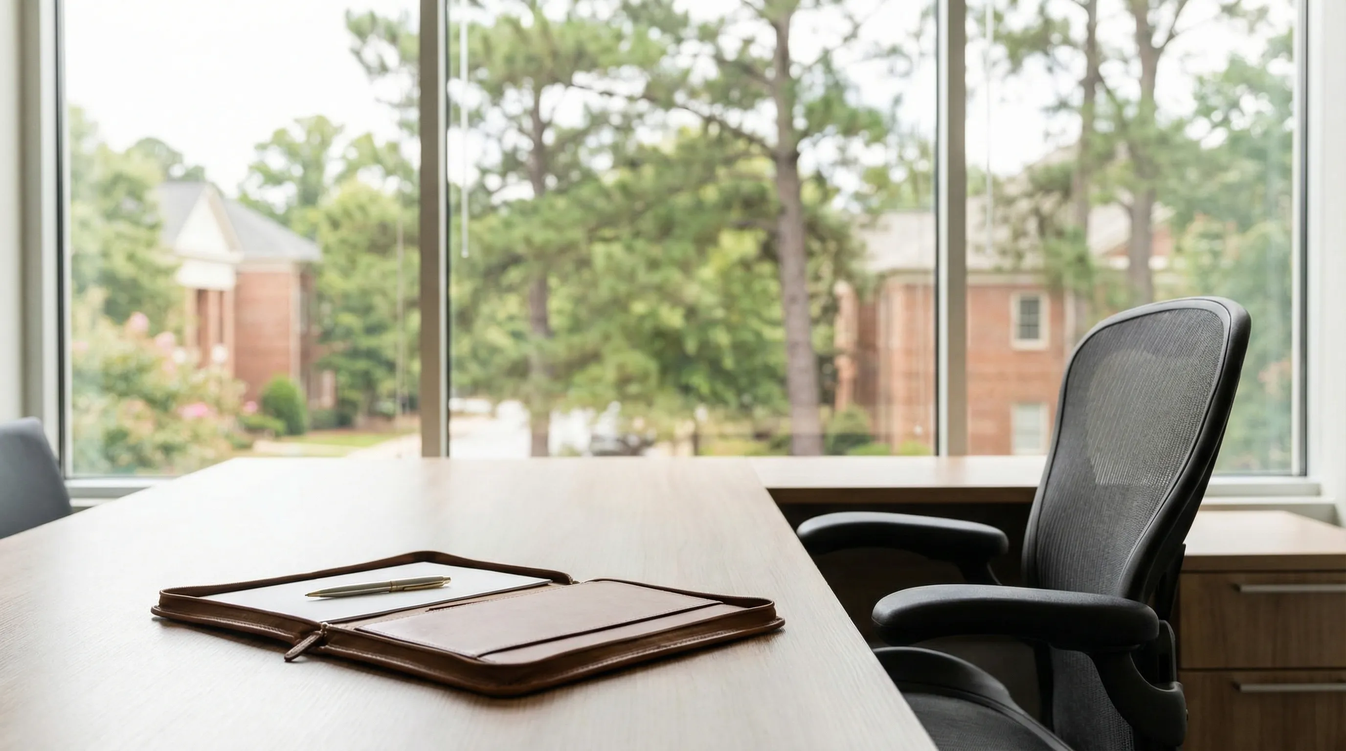Professional personal injury attorney meeting with clients in a Macon, GA law office overlooking the I-75 corridor