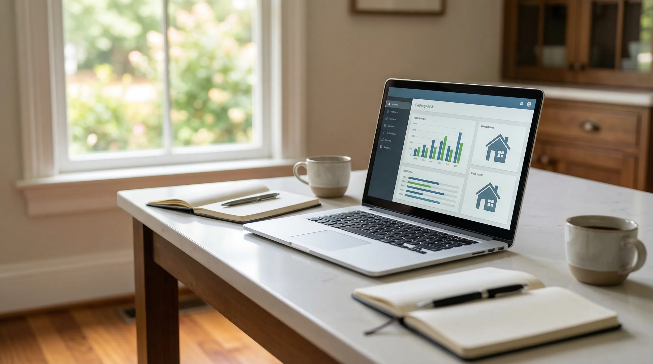 Real estate agent reviewing home listings on a laptop with a young couple at a kitchen table in a Macon, GA home