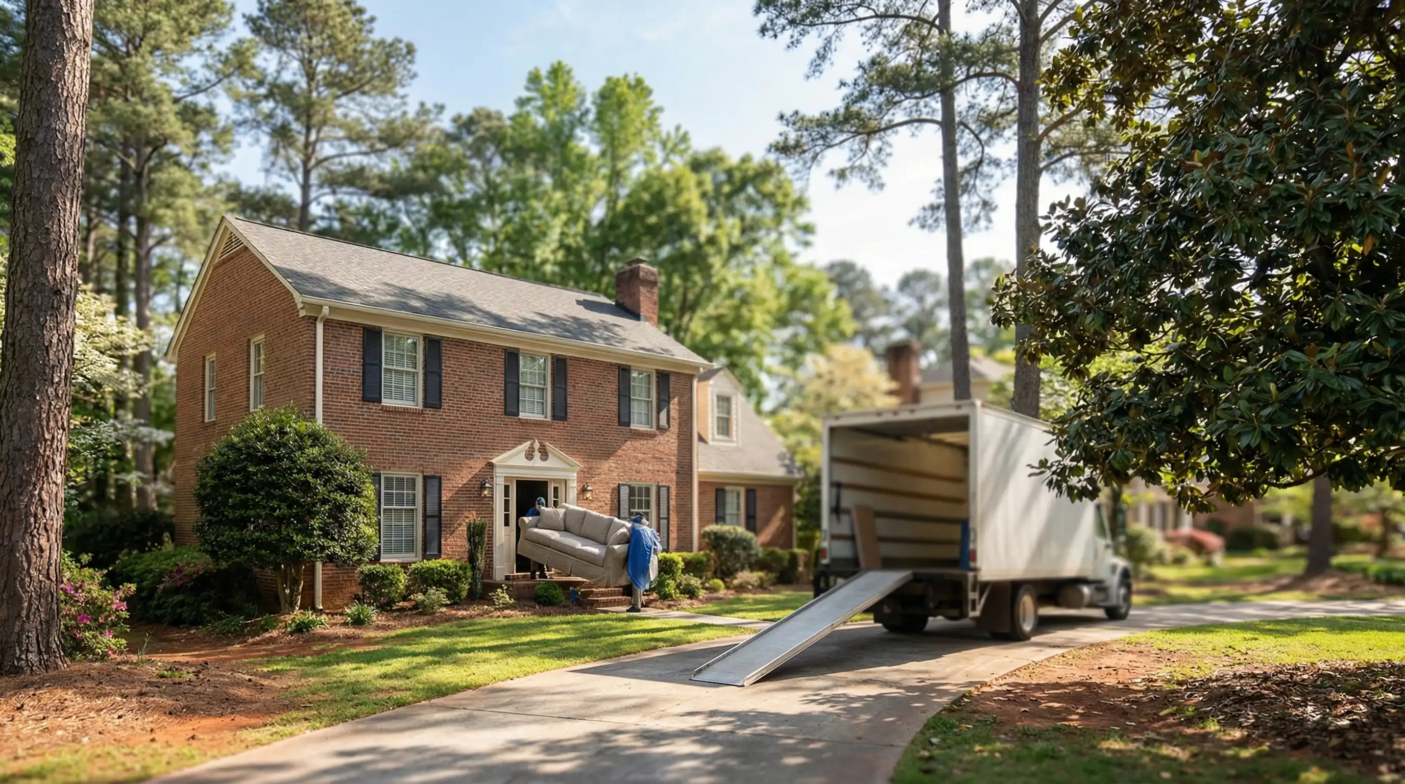 Uniformed movers carefully loading furniture into a branded moving truck outside a brick Macon, GA home on a bright morning