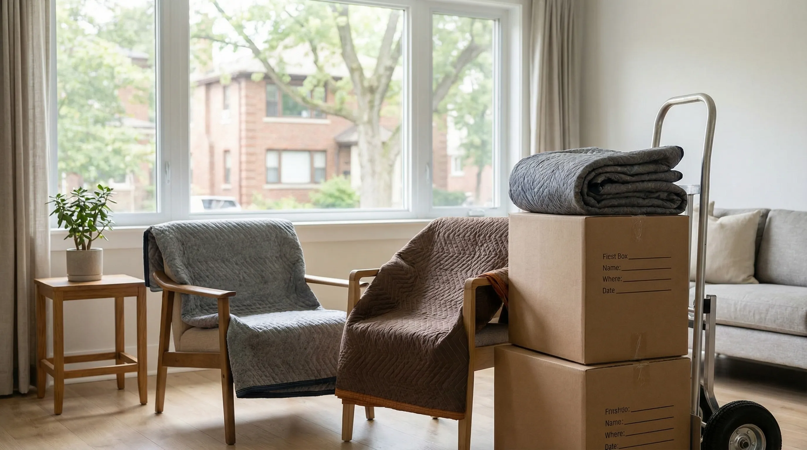 Uniformed movers carefully loading furniture into a branded moving truck outside a brick Macon, GA home on a bright morning