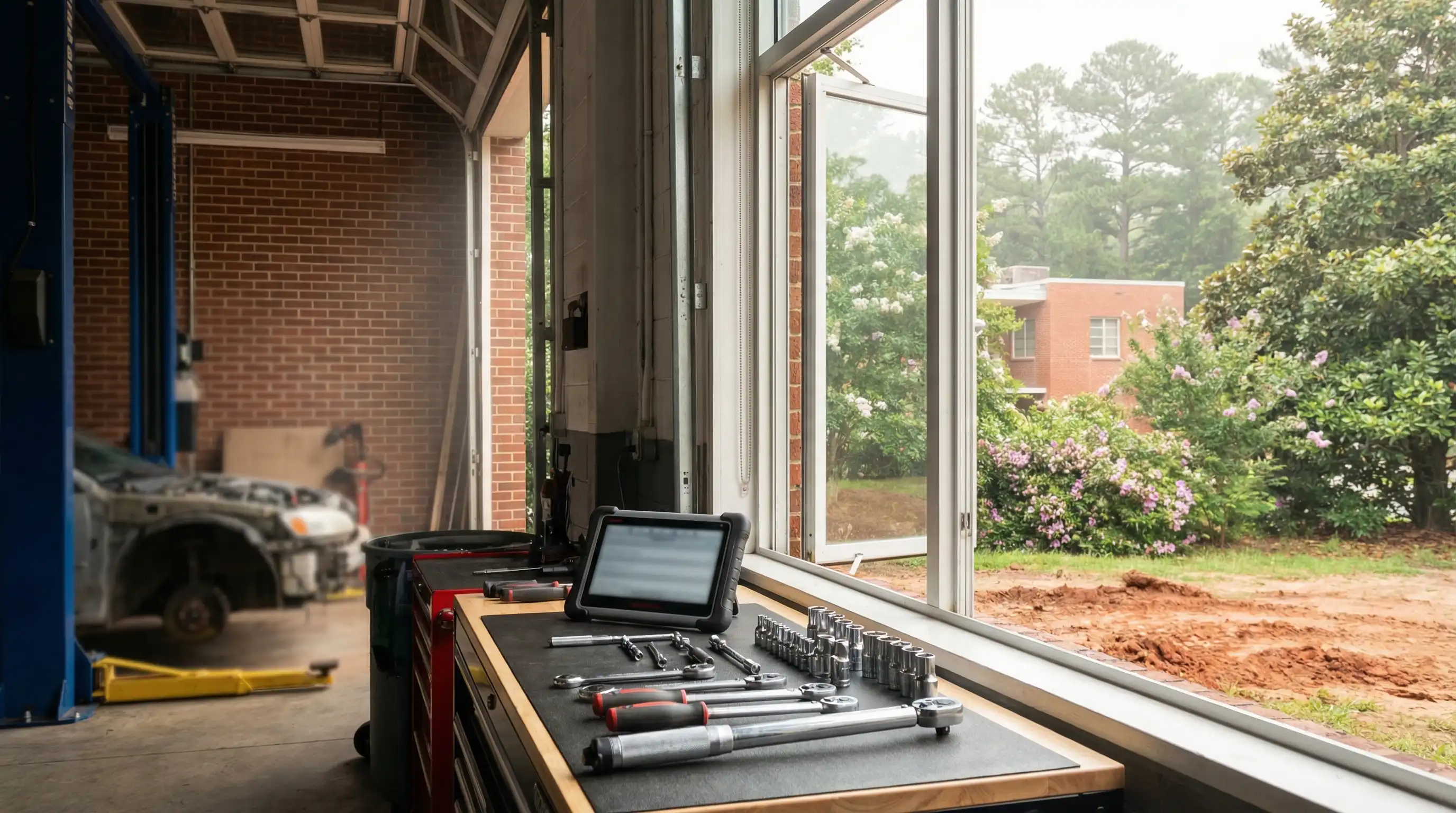 Independent mechanic in branded uniform reviewing a vehicle inspection report on a tablet with a customer at a Macon, GA auto repair shop