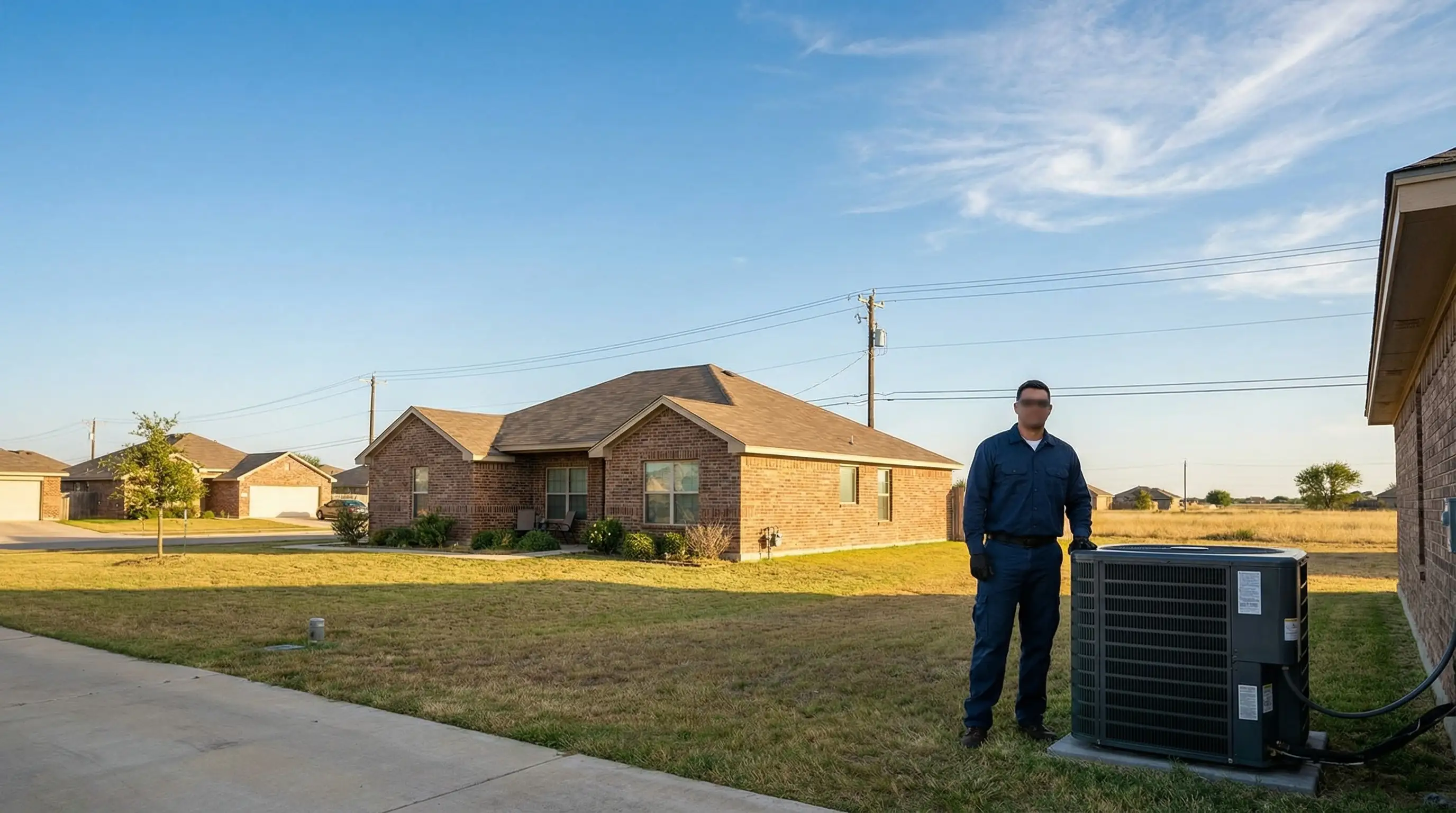 Professional HVAC technician servicing an outdoor AC condenser unit in a residential Killeen, TX neighborhood