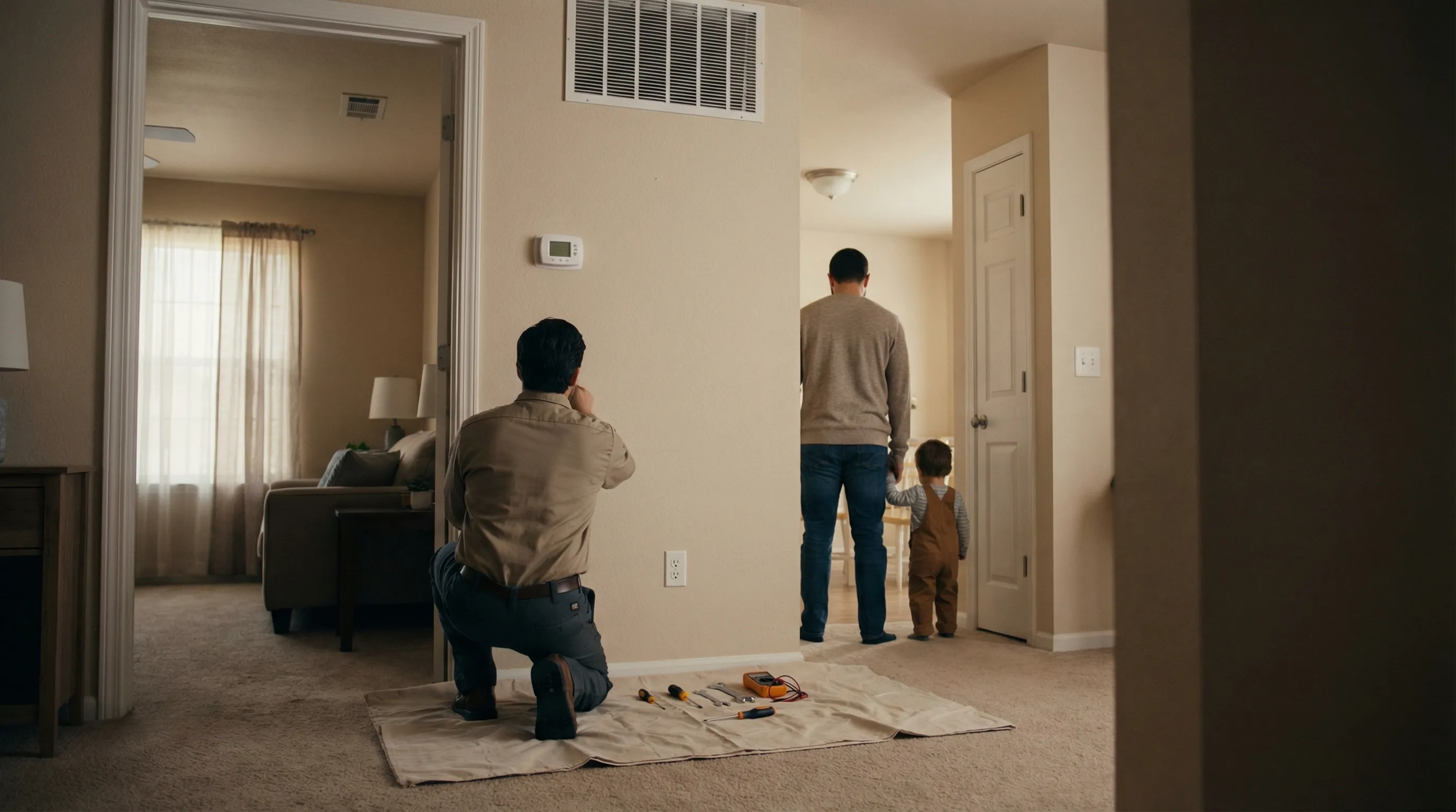 Professional HVAC technician servicing an outdoor AC condenser unit in a residential Killeen, TX neighborhood