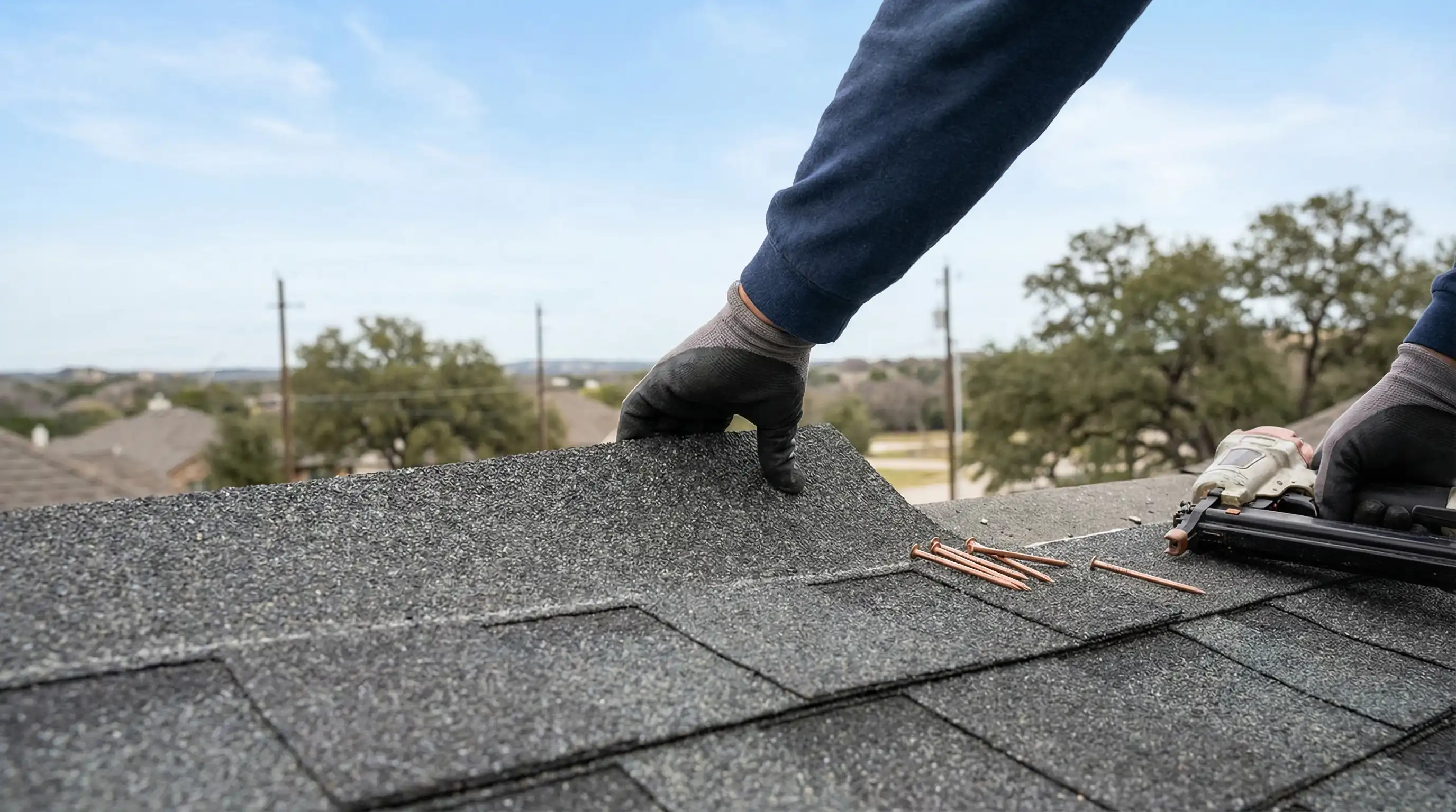 Professional roofing crew working on a residential roof in Killeen, TX with Central Texas sky in background