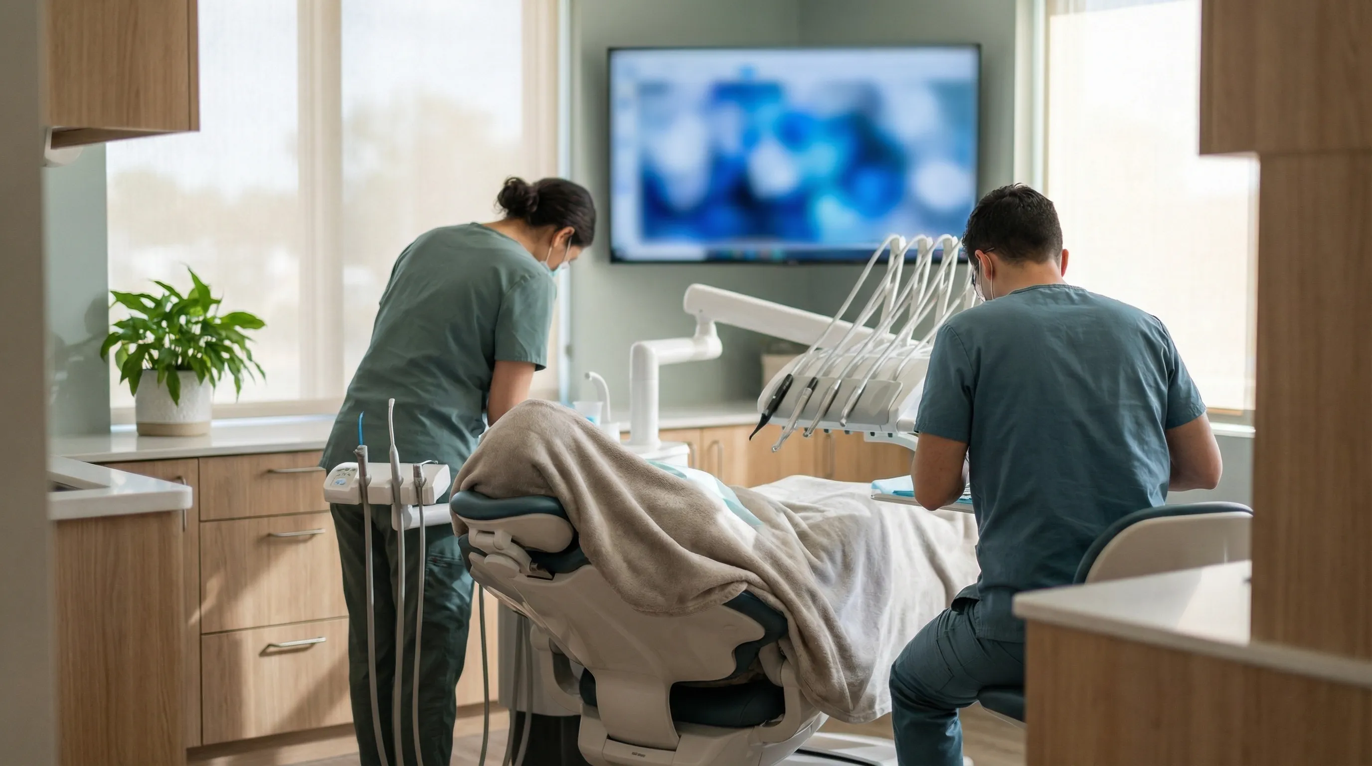 Modern dental practice interior in Killeen, TX with dentist and patient during examination
