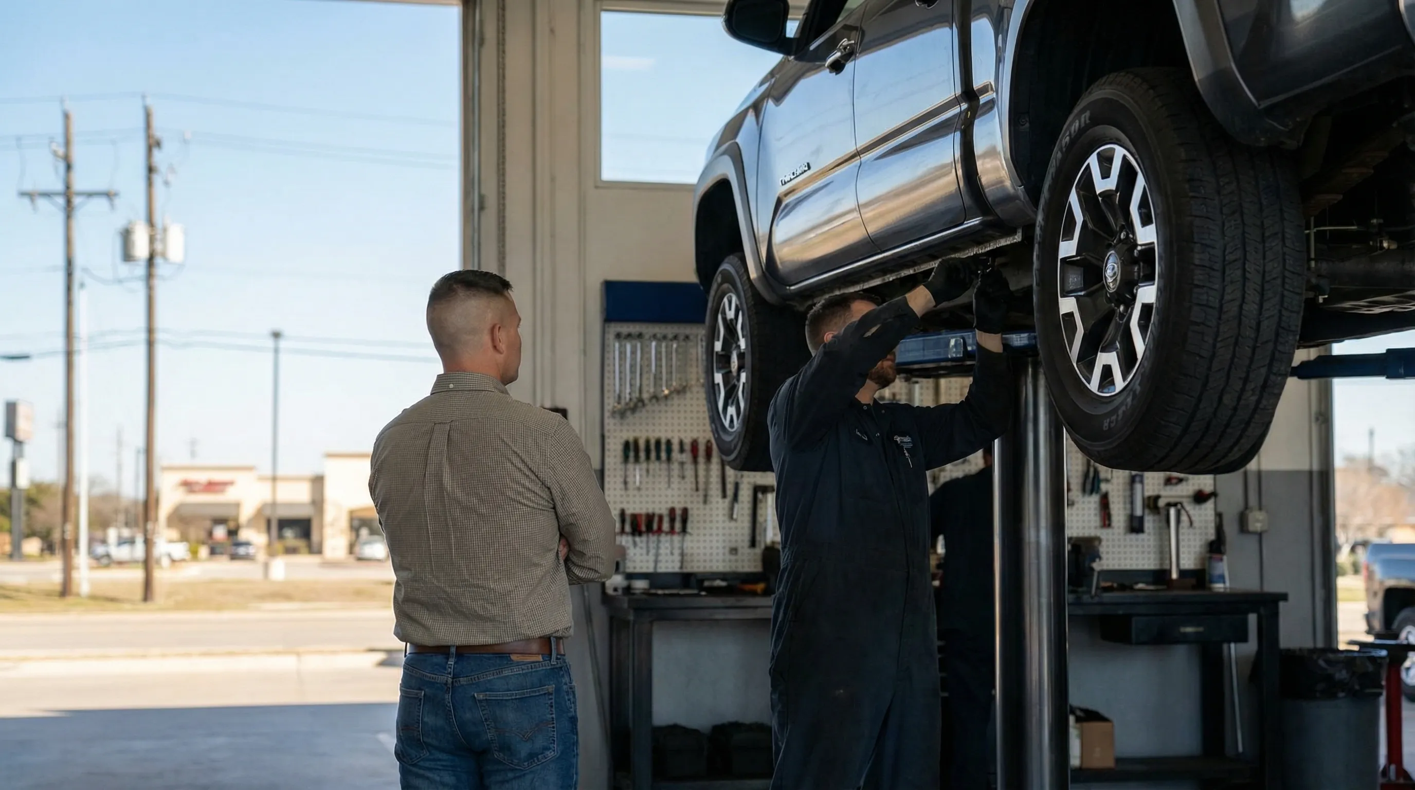 Local automotive repair shop service bay in Killeen, TX with mechanic inspecting vehicle on hydraulic lift