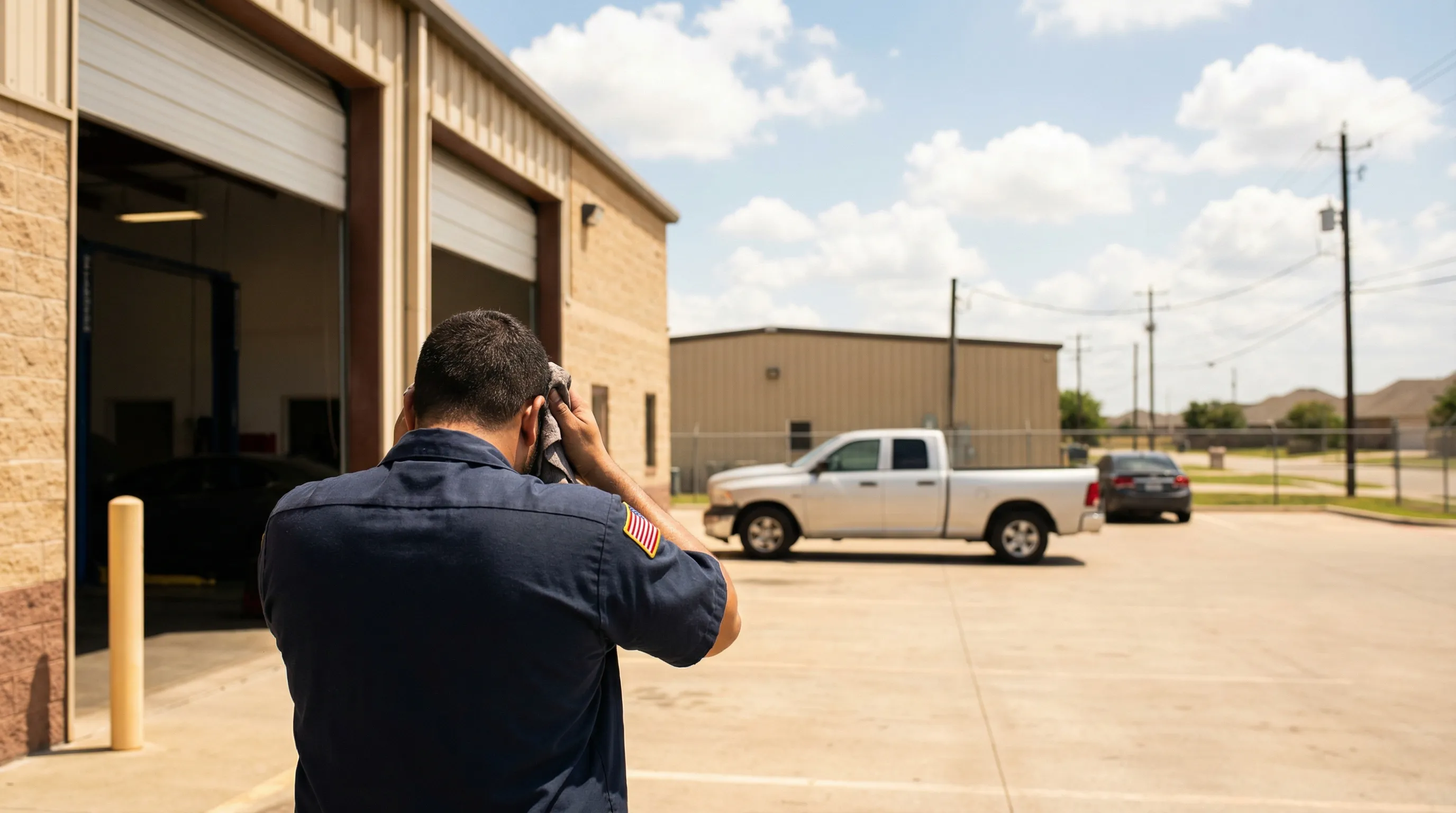Local automotive repair shop service bay in Killeen, TX with mechanic inspecting vehicle on hydraulic lift