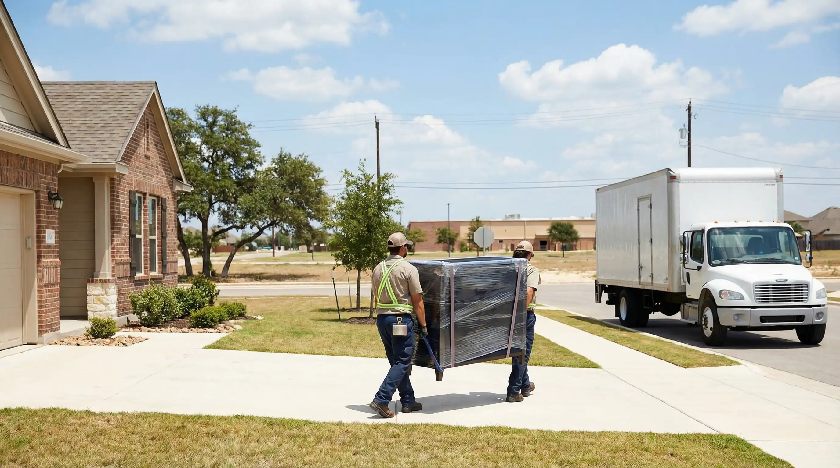 Military moving truck parked in front of residential home in Killeen, TX with movers carrying furniture during PCS move