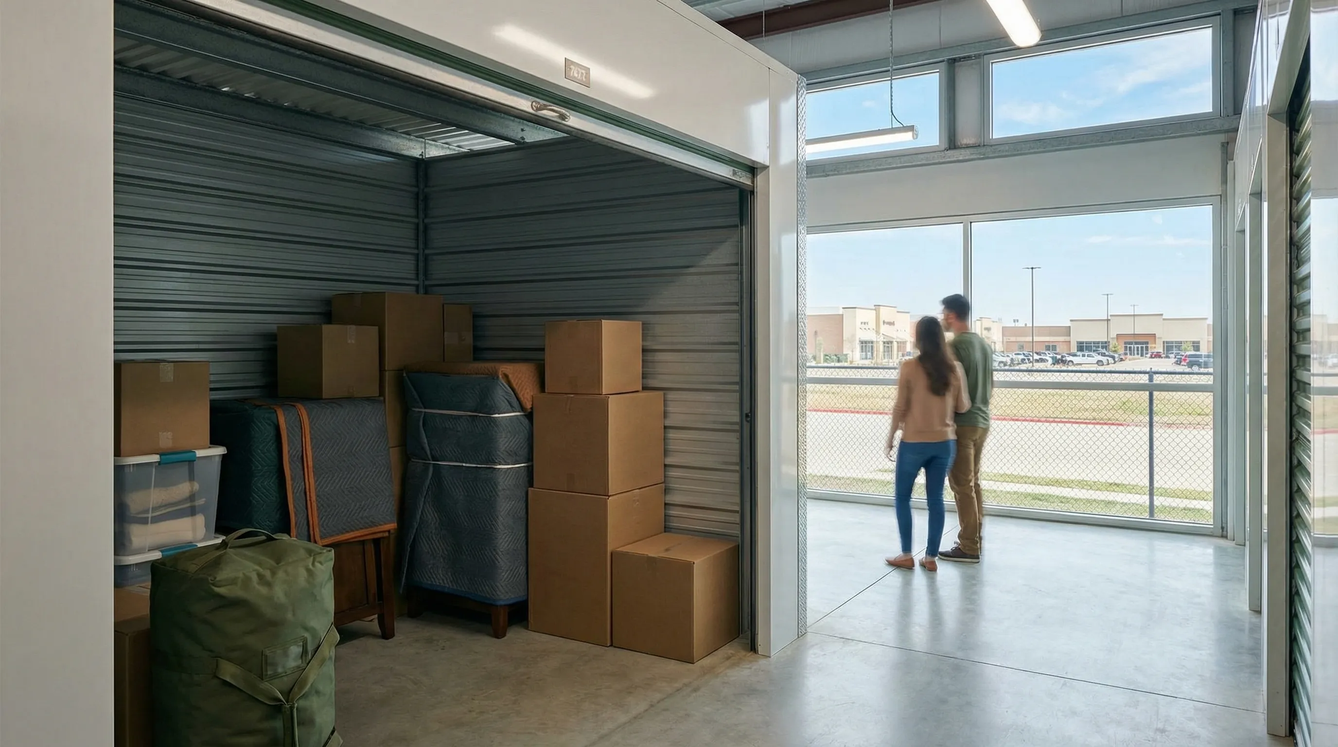 Military moving truck parked in front of residential home in Killeen, TX with movers carrying furniture during PCS move