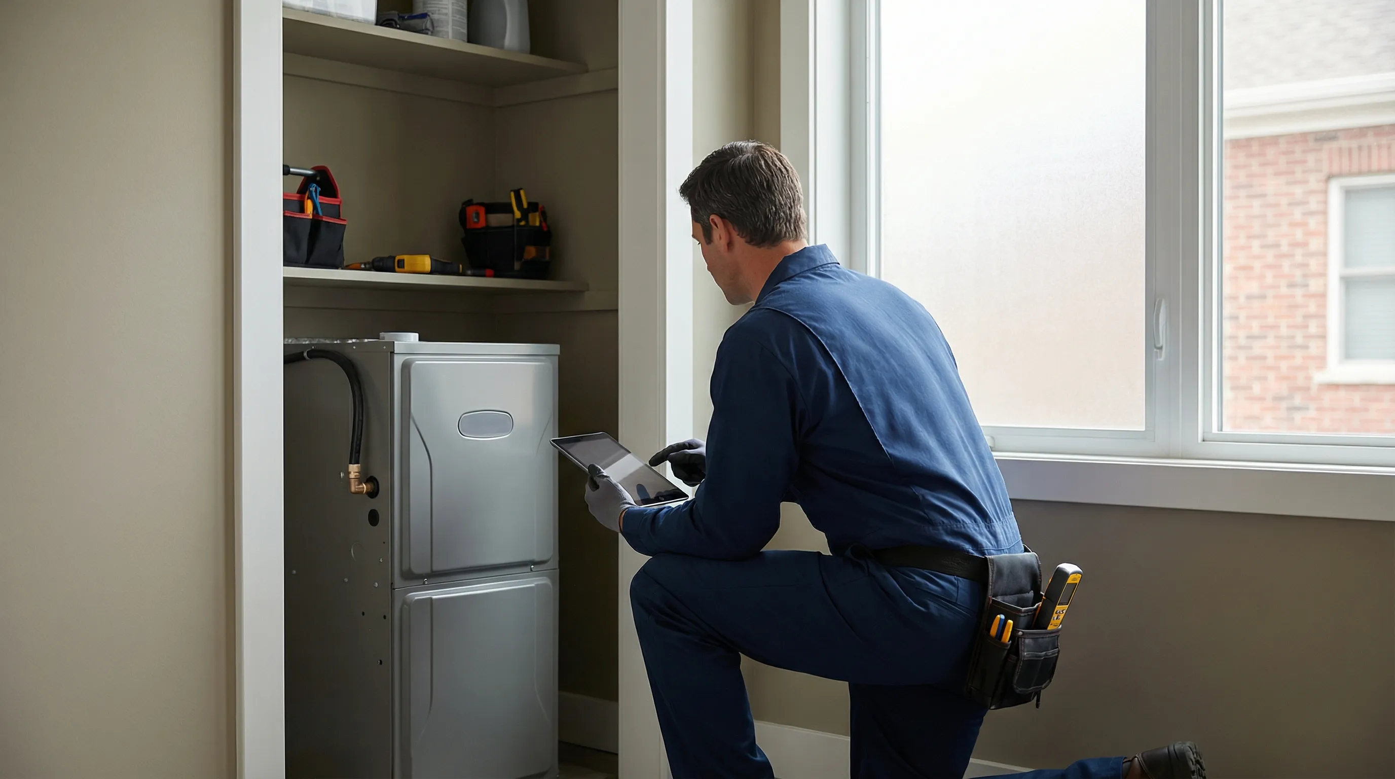 Professional HVAC technician inspecting an air conditioning unit at a residential home in Columbia, SC