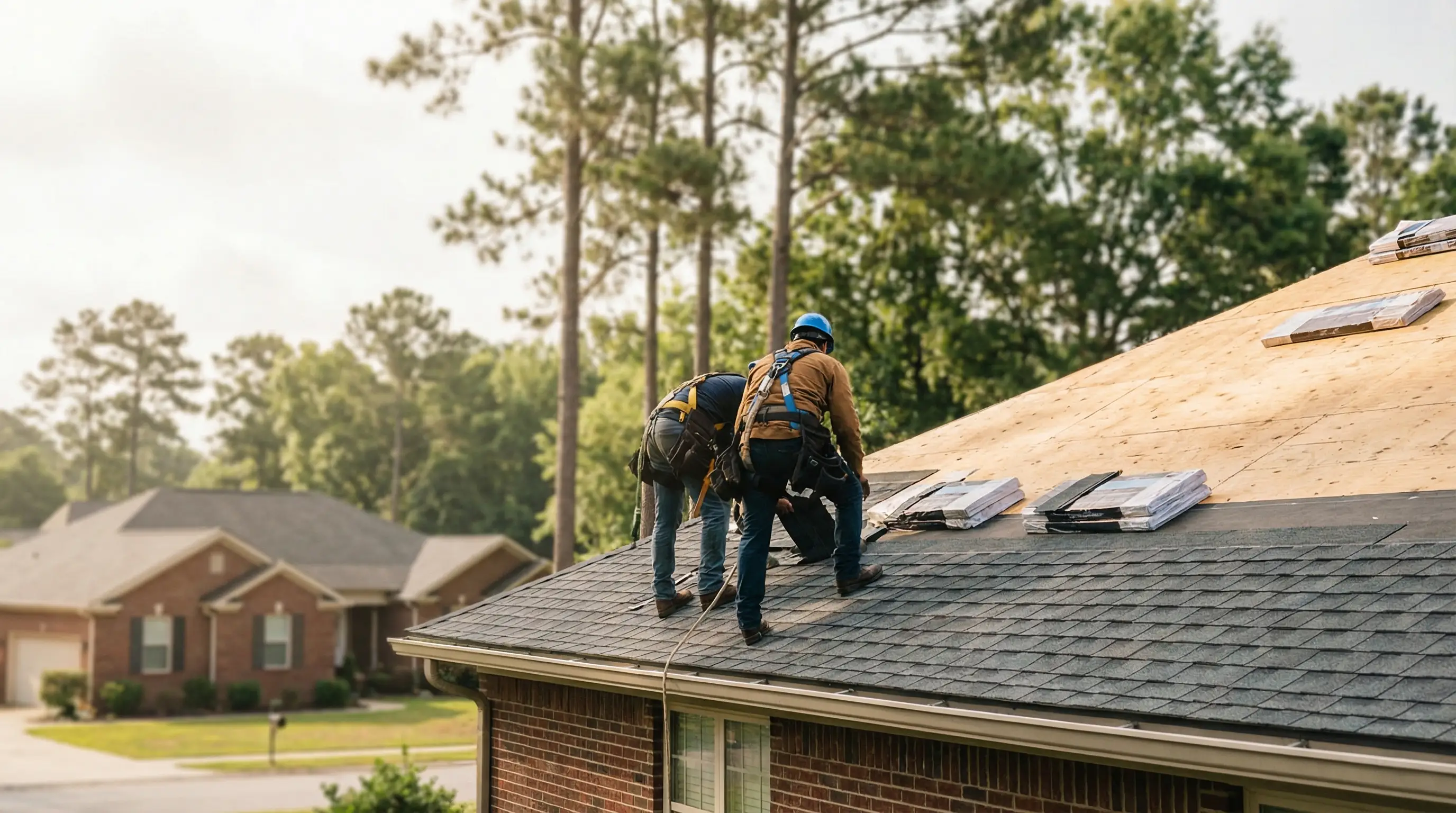 Professional roofing crew installing architectural shingles on a residential home in Columbia, SC