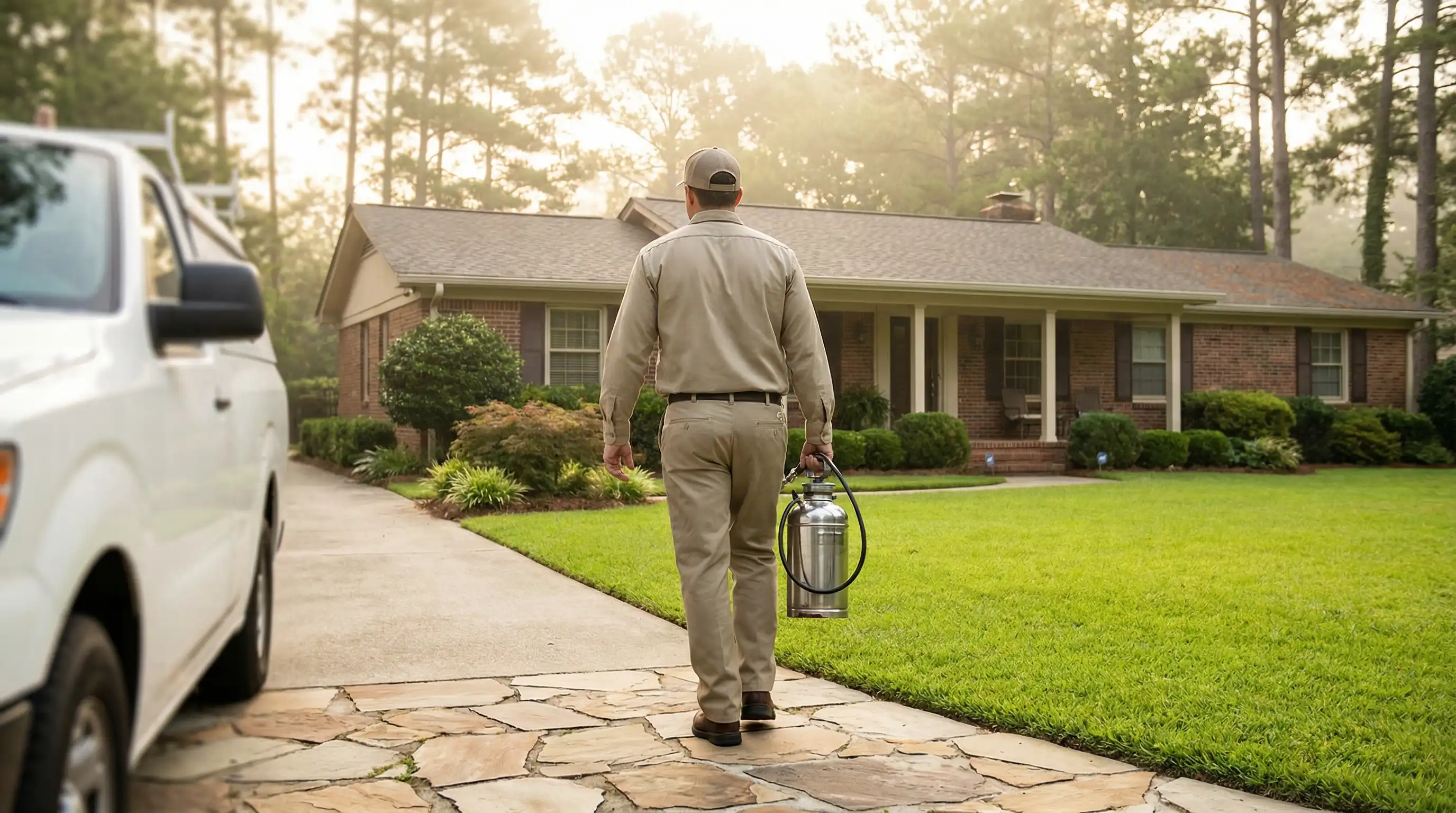 Professional pest control technician performing a termite inspection around the foundation of a residential home in Columbia, SC