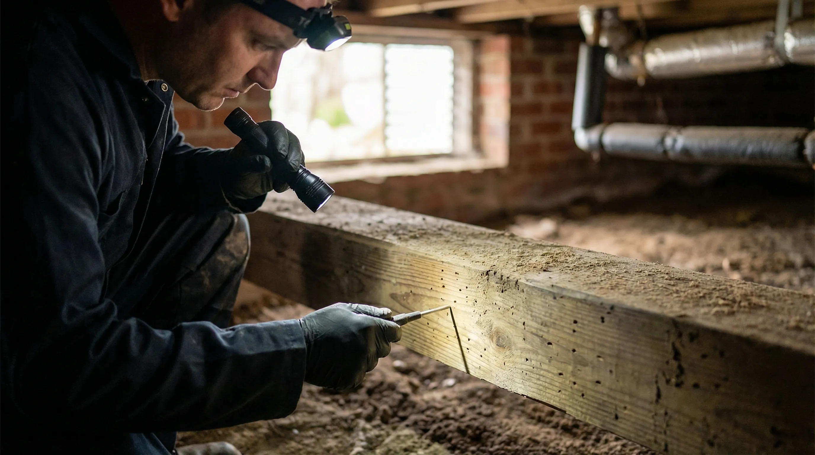 Professional pest control technician performing a termite inspection around the foundation of a residential home in Columbia, SC