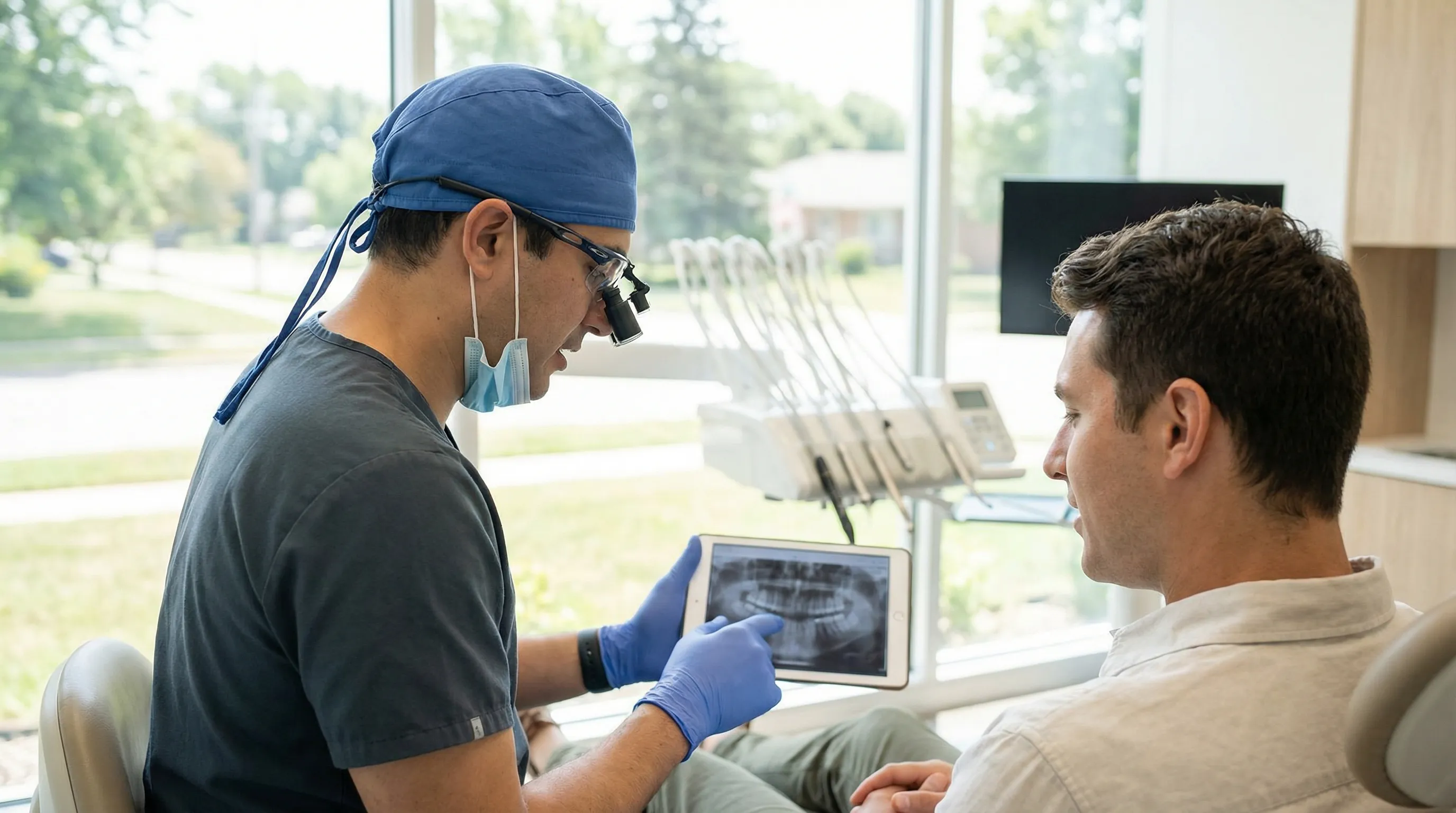 Professional dentist consulting with a patient in a modern dental office in Columbia, SC