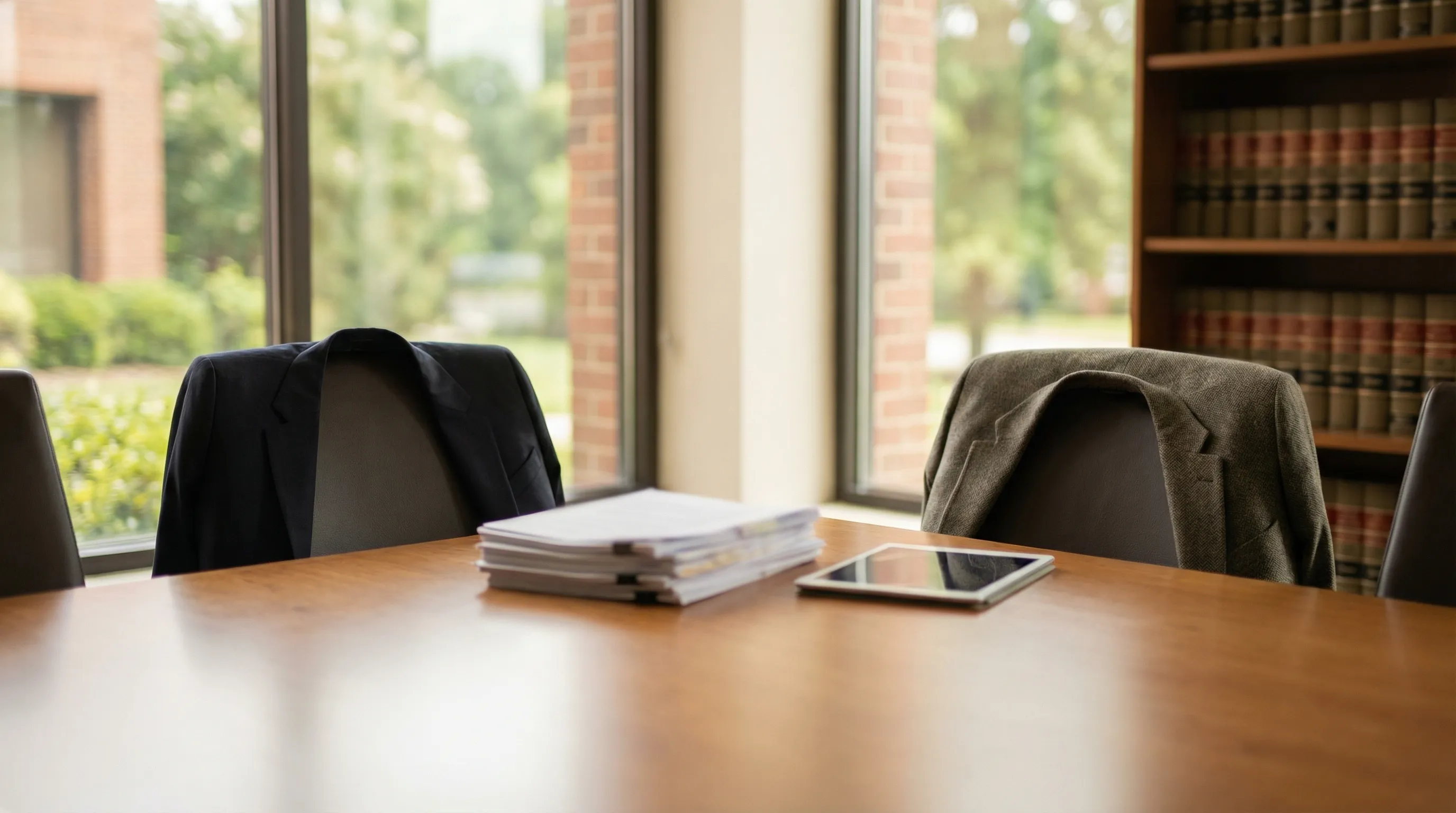 Professional attorney consulting with a client in a modern law office in Columbia, SC with the South Carolina State House visible through the window