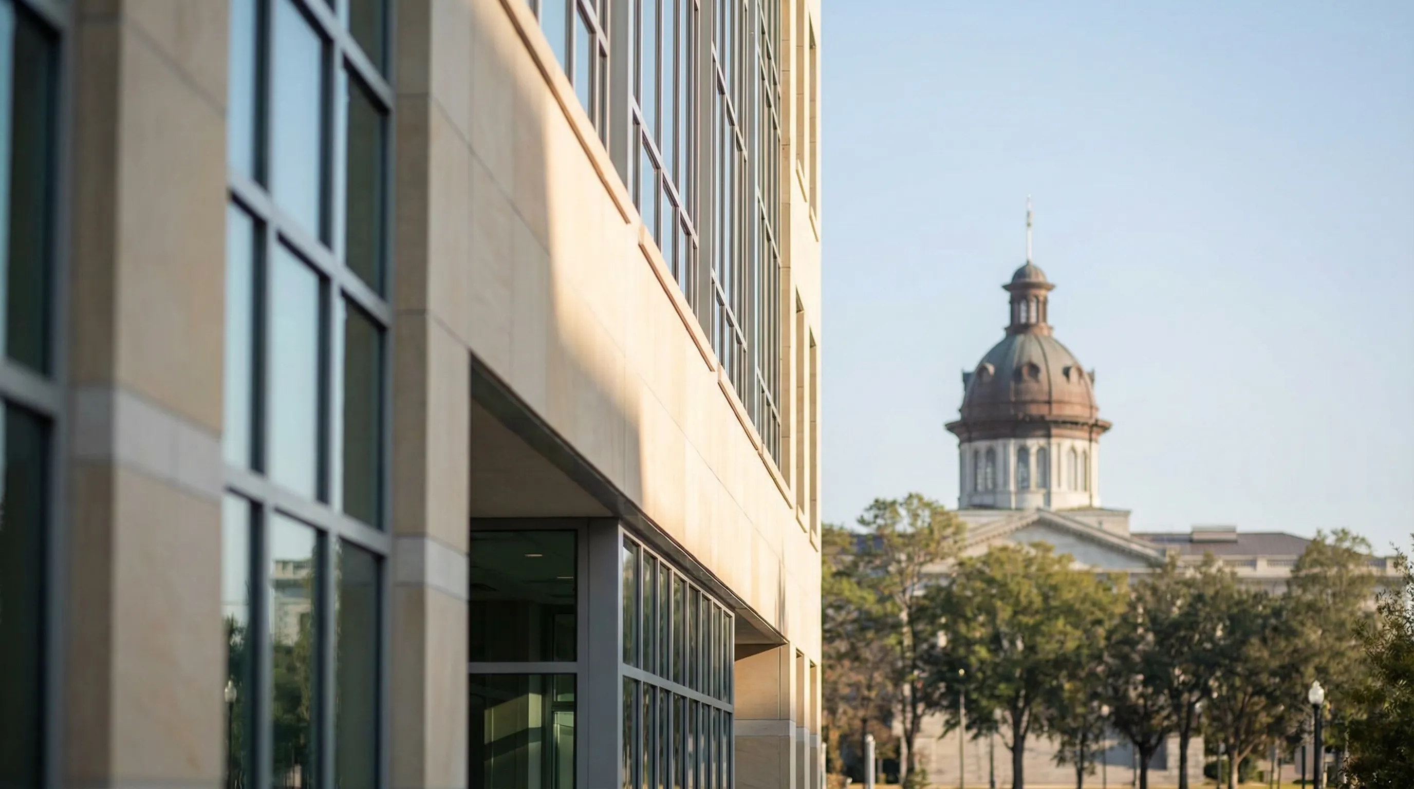 Professional attorney consulting with a client in a modern law office in Columbia, SC with the South Carolina State House visible through the window