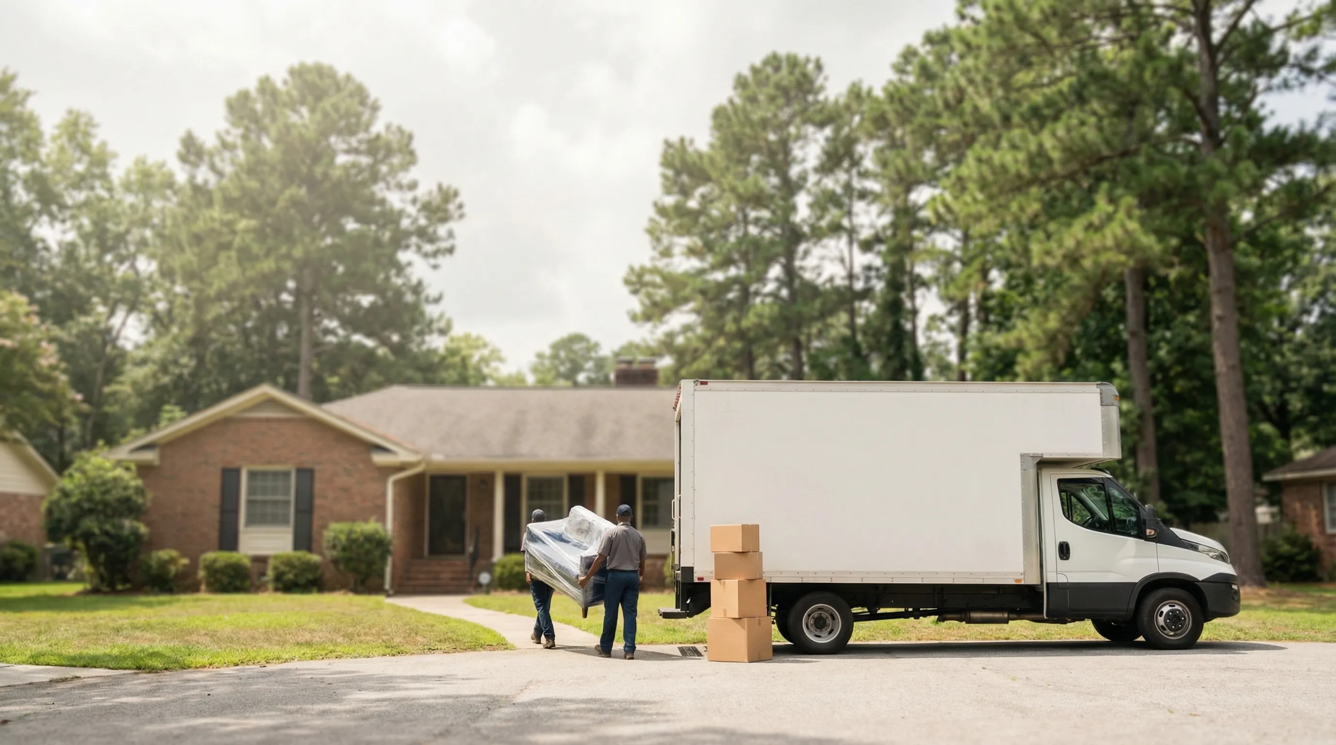 Professional movers carefully loading furniture into a moving truck outside a suburban home in Columbia, SC