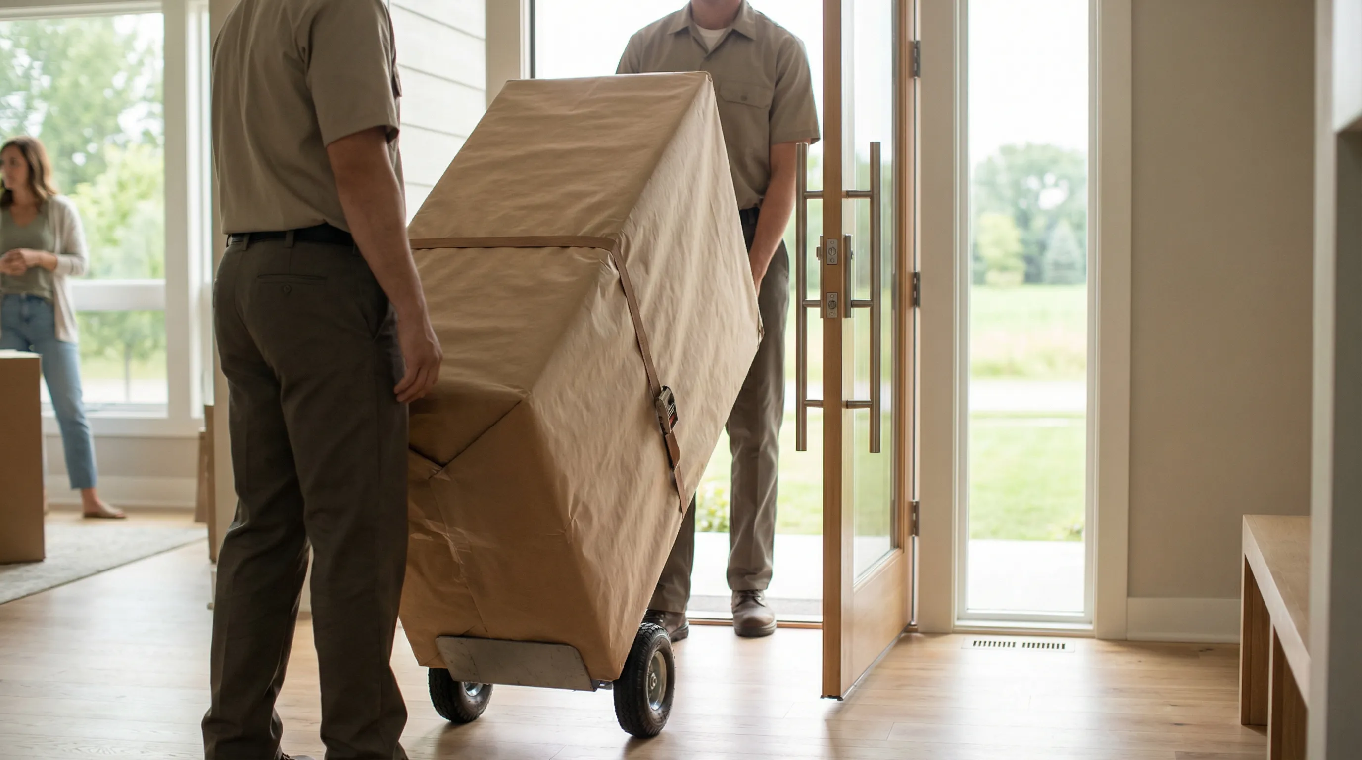 Professional movers carefully loading furniture into a moving truck outside a suburban home in Columbia, SC