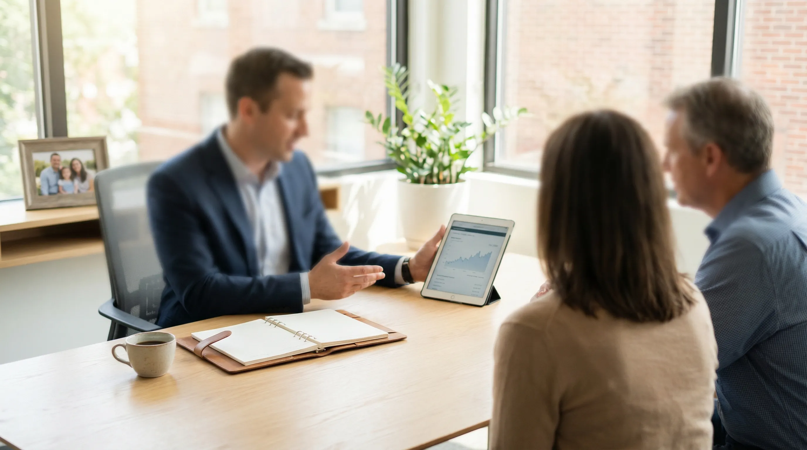 Financial advisor meeting with a client couple in a professional office in Columbia, SC reviewing a retirement planning document