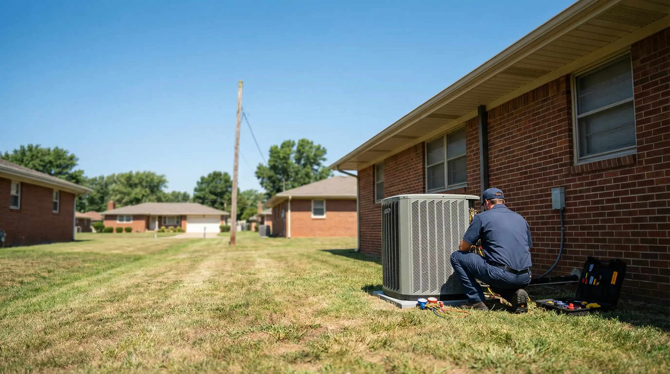 Professional HVAC technician servicing an outdoor condenser unit at a brick ranch home in Waco, TX